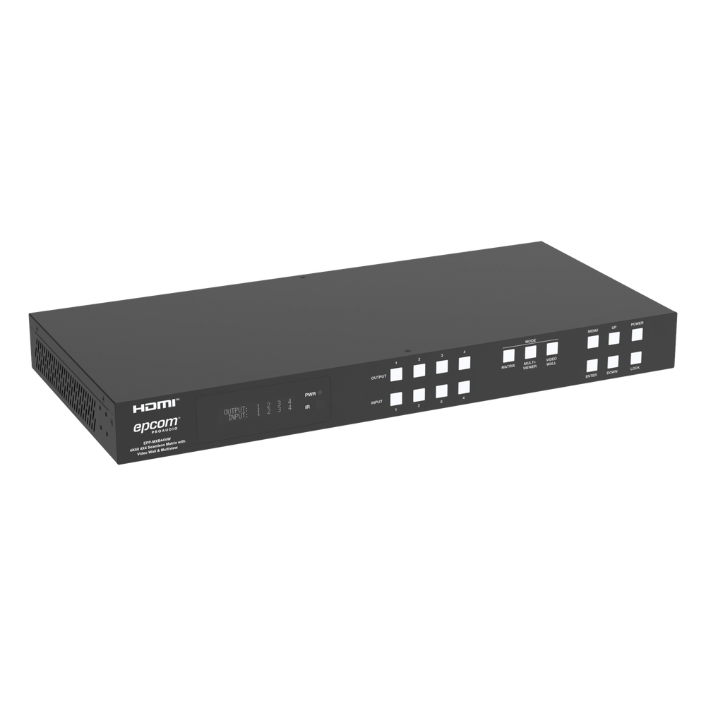 Switch de Video Matrix 4x4 HDMI 2.0 | 18Gbps Ancho de Banda | 4K2K@60Hz Resolución | 4 Entradas 4 Salidas HDMI | Audio LPCM y Dolby Digital | Control TCP-IP y RS-232 | Conectores Phoenix para Audio | Metal Enclosure EPPMXB44VW