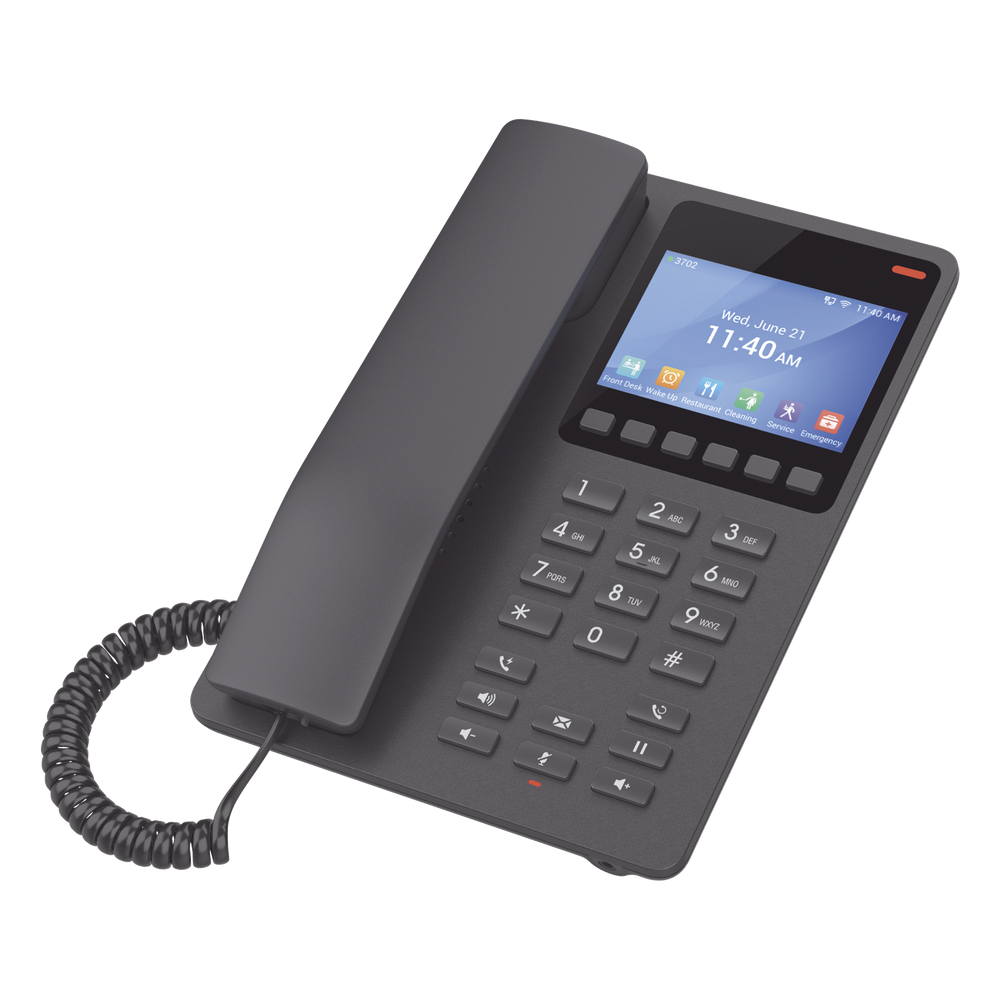 Teléfono IP WiFi Hotelero con pantalla LCD a color, 2 líneas SIP con 2 cuentas, codec Opus, IPV4/IPV6, color negro, con gestión en la nube GDMS GHP631W