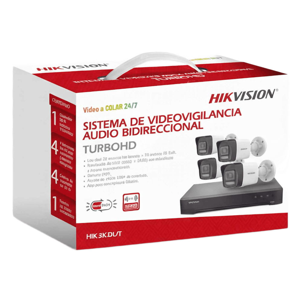 [Dual Light] Kit TurboHD 3K (5 Megapixel Real) / DVR 4 Canales / 4 Cámaras bala Dual Light / Audio bidireccional / Accesorios de Interconexión / Fuente de Poder HIK3KDL/T