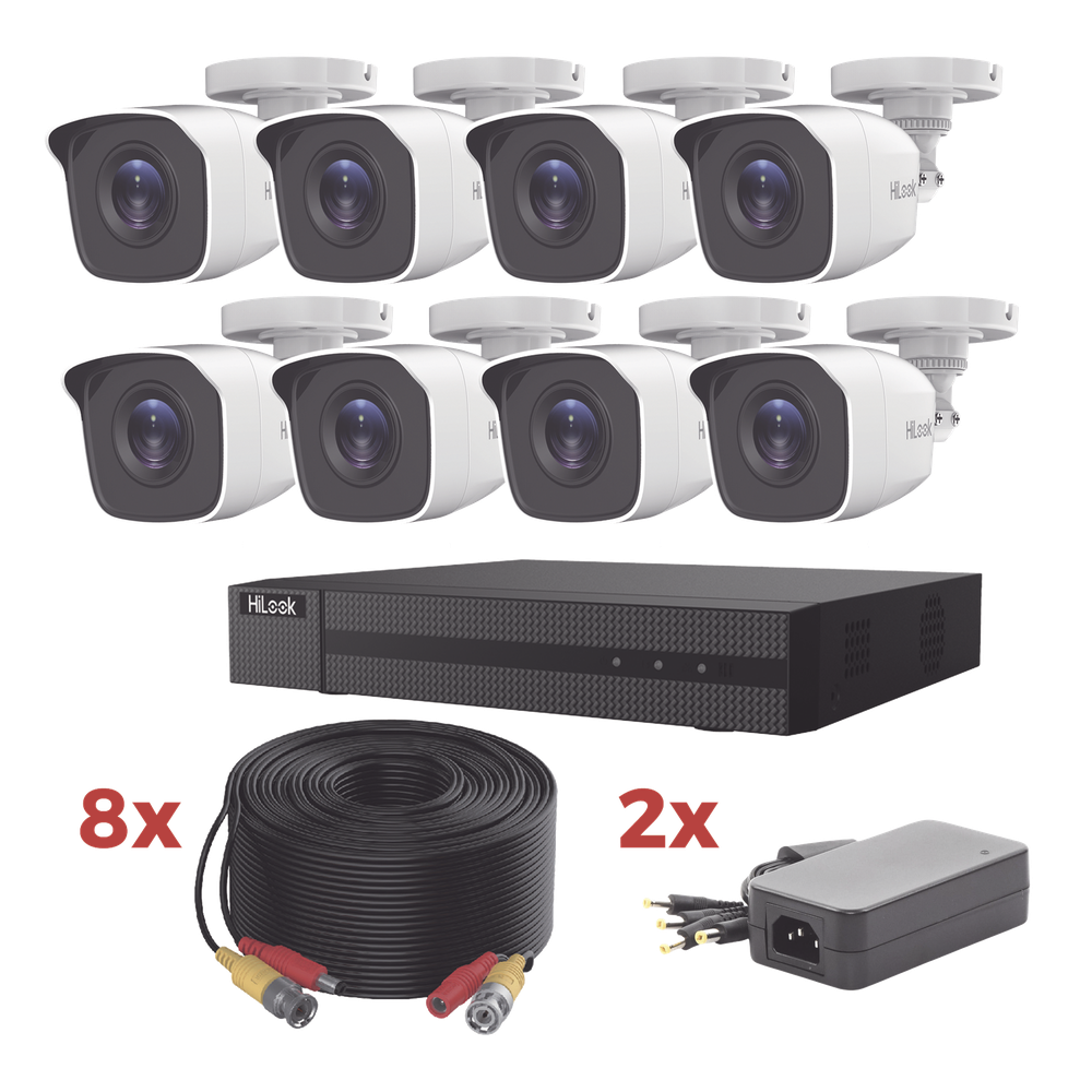 Kit TurboHD / DVR 8 Canales 1080p Lite / 8 Cámaras bala 1080p metalicas / 8 cables de 20 metros / 2 fuentes de 4 canales HL1080P8B