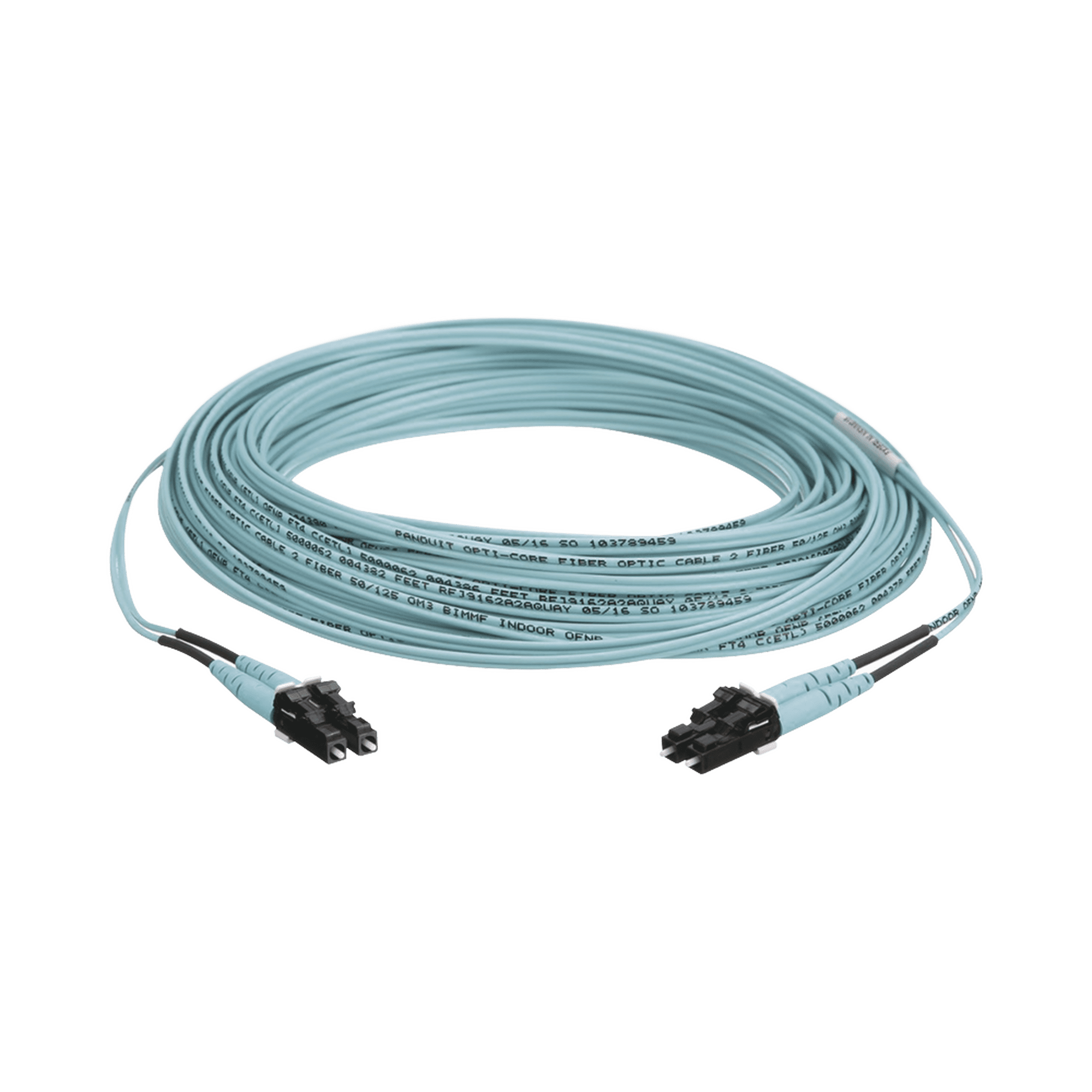Jumper de Fibra Optica Multimodo 50/125 OM3, LC-LC Duplex, OFNR (Riser), Color Aqua, 50 Metros (164.04 Pies) FX2ERLNLNSNM050