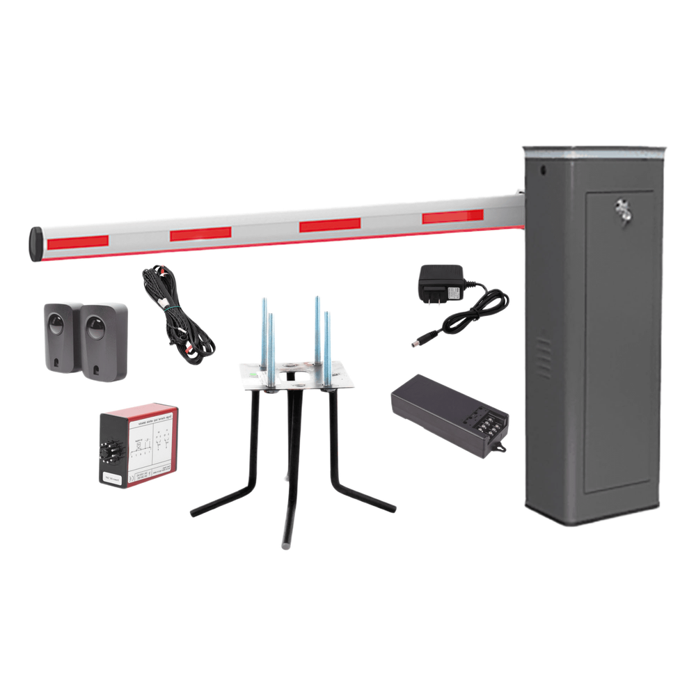 Kit COMPLETO Barrera Izquierda XBS Con Corona LED / Brazo Iluminado de 5M / Incluye Sensor de Masa, Transformador, Lazo Magnético, Ancla, Fotoceldas y 2 Controles Inalámbricos KIT-XBS-3L-LED