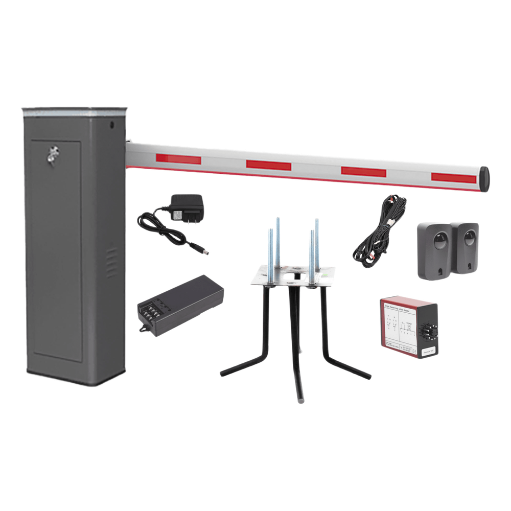 Kit COMPLETO Barrera Derecha XBS Con Corona LED / Brazo Iluminado de 5M / Incluye Sensor de Masa, Transformador, Lazo Magnético, Ancla, Fotoceldas y 2 Controles Inalámbricos KIT-XBS-3R-LED