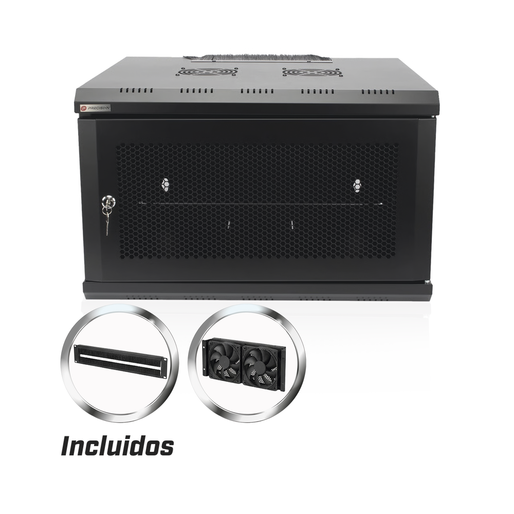 Gabinete de Pared PRECISION 19'' 6UR (455mm) - Puerta Perforada Incluye: 2 Ventiladores y Panel Cepillo PS-06-550D
