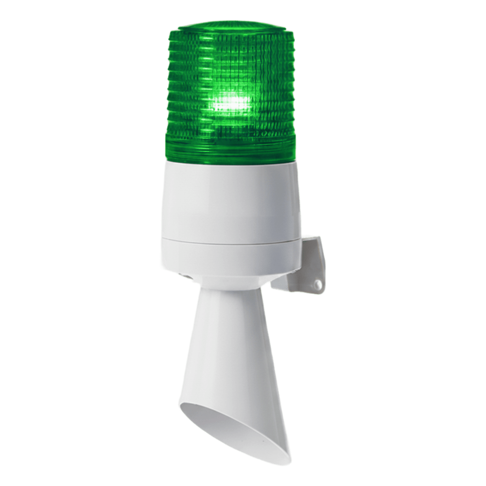Luz LED con patrones de destello fijo y destellante con buzzer incorporado de alto volumen Máx. 95 dB color Verde 110 VCA S60ADL-110-G
