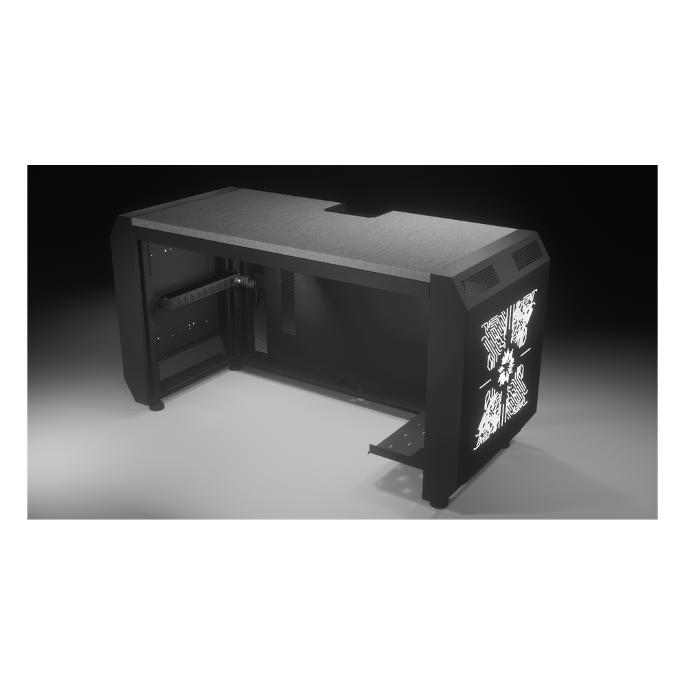Consola Profesional para Monitoreo o Computo | Ranura para Base de Monitores | Microperforaciones | Luces LED Decorativas | Tomacorriente HTCM1U10C | Tapas Organizadoras de Cables | Niveladores | Rack para Montaje de Equipos | Ranura Pasaca EMS03