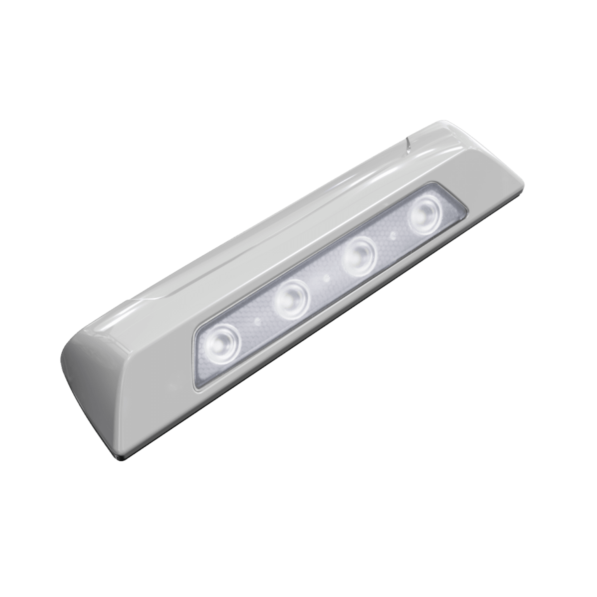 Luz de escena, 4 LED, bisel blanco, 12–24VCD, LED blanco y lente transparente SPW12-W