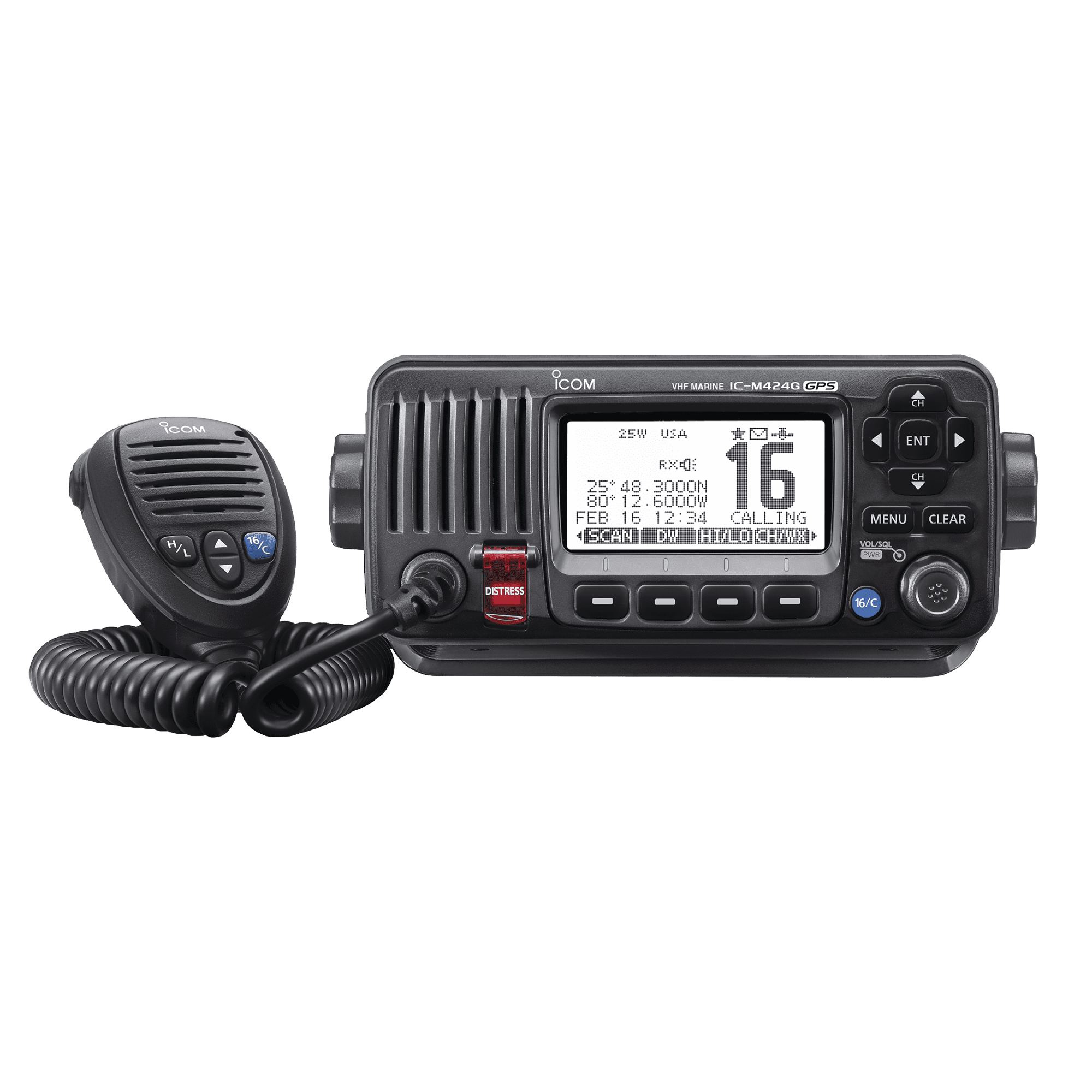 Radio VHF Móvil Marino, Función de cancelación de ruido, GPS interconstruido, Salida de potencia de 10W, Bocina Manual, Elimina Residuos de Agua de la Bocina, IPX7 Sumergible, Color Negro. IC-M424G/41