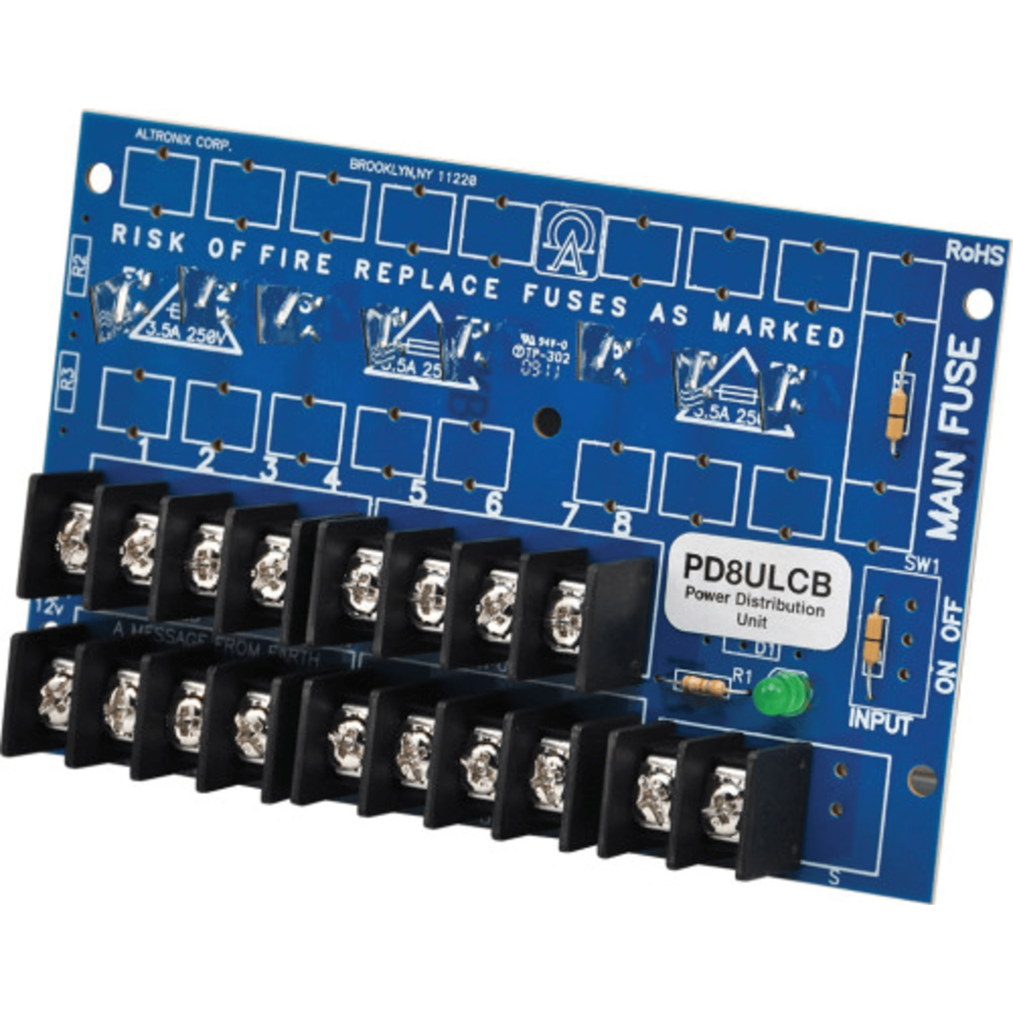 Módulo de Distribución de Energía UL PD8ULCB / 8 Salidas Clase 2 PTC Protegidas / Entrada 12-24VDC o 24-28VAC / Auto-resetable / Montaje Incluido / Garantía de Por Vida PD8ULCB