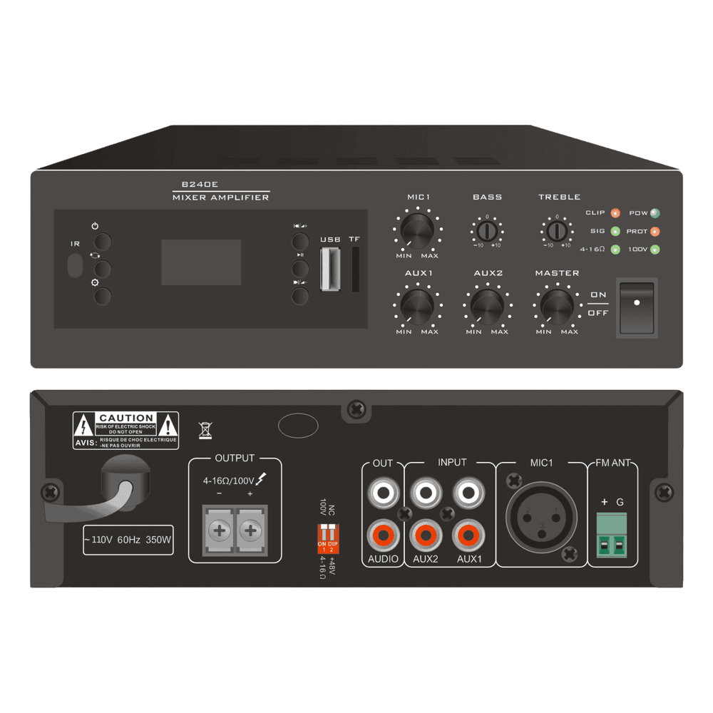 Amplificador Digital Mini MP3 con Bluetooth | 240W | Entrada XLR Micrófono 48V | 2 Entradas RCA | USB y TF Card | FM Radio | Control Remoto | Protección contra Cortocircuito y Sobrecarga EP-B240E
