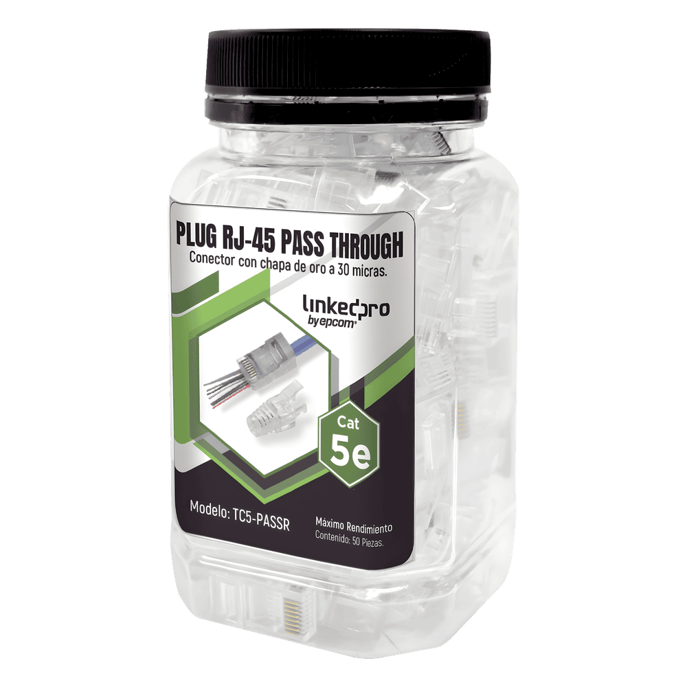 Bote con 50 Plugs Pass through RJ45 Cat5e sin blindaje, con alivio de tensión incluido, chapado de oro a 30 micras para durabilidad extrema TC5PASSR
