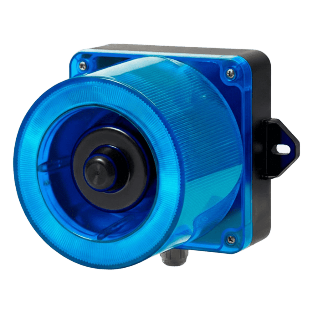 Combinacion de baliza LED color Azul y sirena electrónica de 31 tonos resistente a la intemperie de volumen máx. 123 dB a 110-220 VCA QWCD50-110220-B-LC