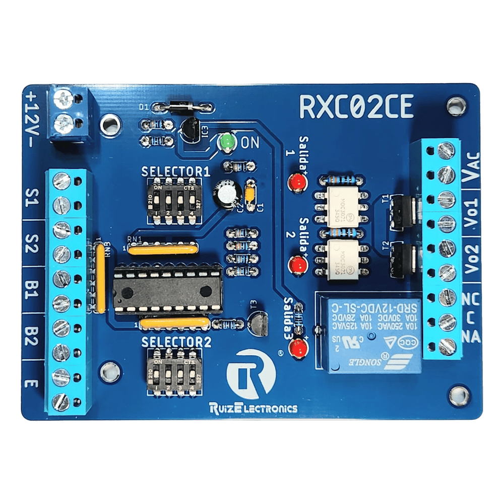 Controlador de Esclusas con cerraduras eléctricas para 2 Puertas / Alimentación 12VDC / Temporizadores Programables 0-30 seg / Entradas NC y NA / Salidas de Pulso 2 seg / Función Emergencia RXC02CE