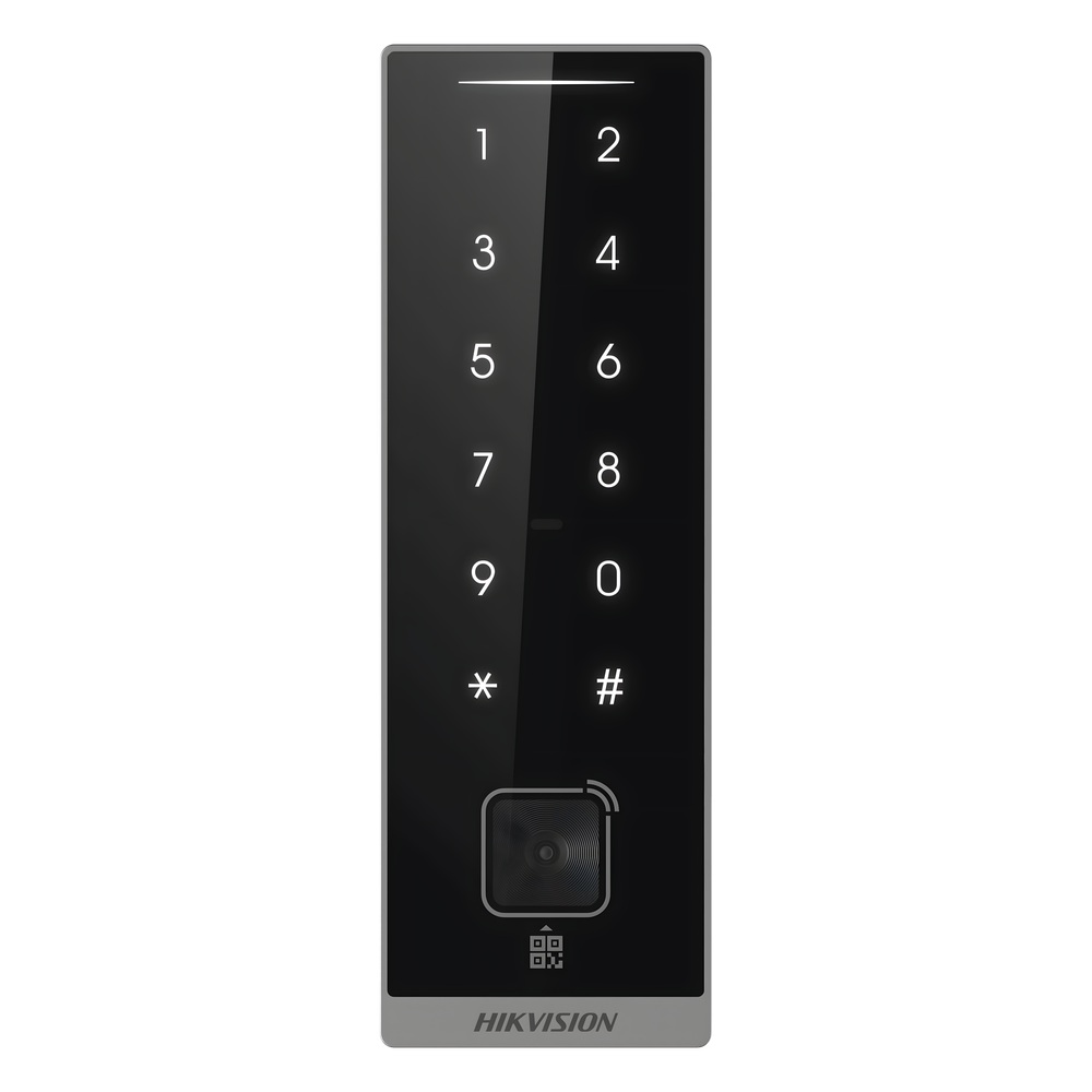 Teclado Esclavo con Lector de Tarjetas Virtuales Bluetooth y Códigos QR / Tarjetas MIFARE y PROX EM / Contraseñas / RS-485 Wiegand OSDP / Frecuencias 13.56 MHz y 125 KHz / Autenticación Tarjeta PIN QR Bluetooth / Táctil DS-K1105EMKB-QR