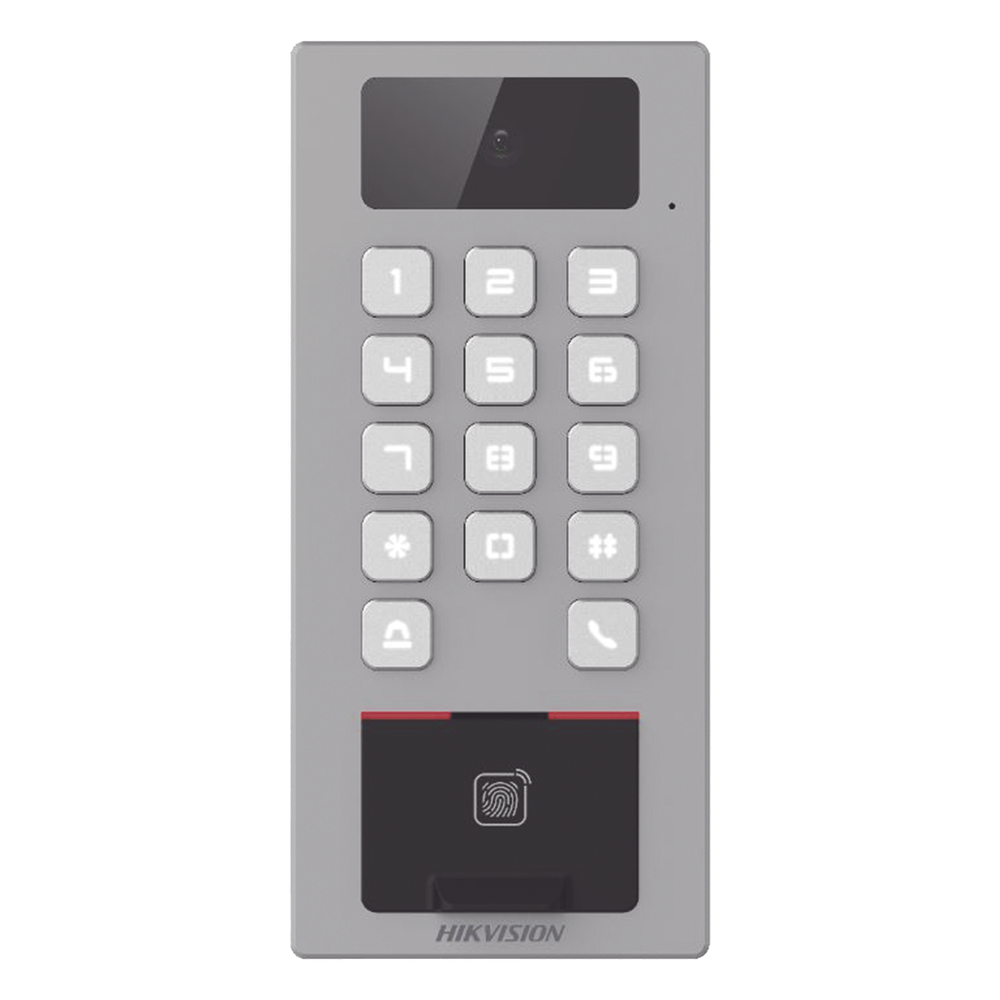 (PoE / 2 Relays) Terminal de Control de Acceso / Videoportero Multiapartamento Llamada a App / Teclado / Exterior Antivandálico IP65 & IK09 / Huella, Tarjeta, Código QR, PIN o App Hik-Connect / Cámara 2 MP compatible con NVRs DS-K1T502DBFWX-C-E1
