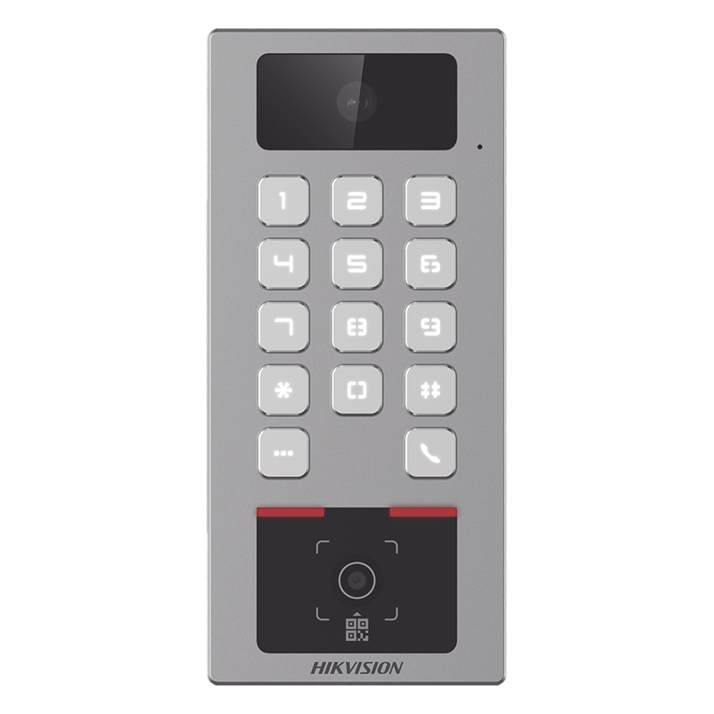 (PoE / 2 Relays) Teclado con Lector Físico de QRs para Exterior Antivandálico IP65 & IK09 con función de Videoportero Multiapartamento / Tarjeta, Código QR, PIN o App HikConnect / Cámara 2 MP compatible con NVRs / DS-K1T502DBWX-CQR-E1