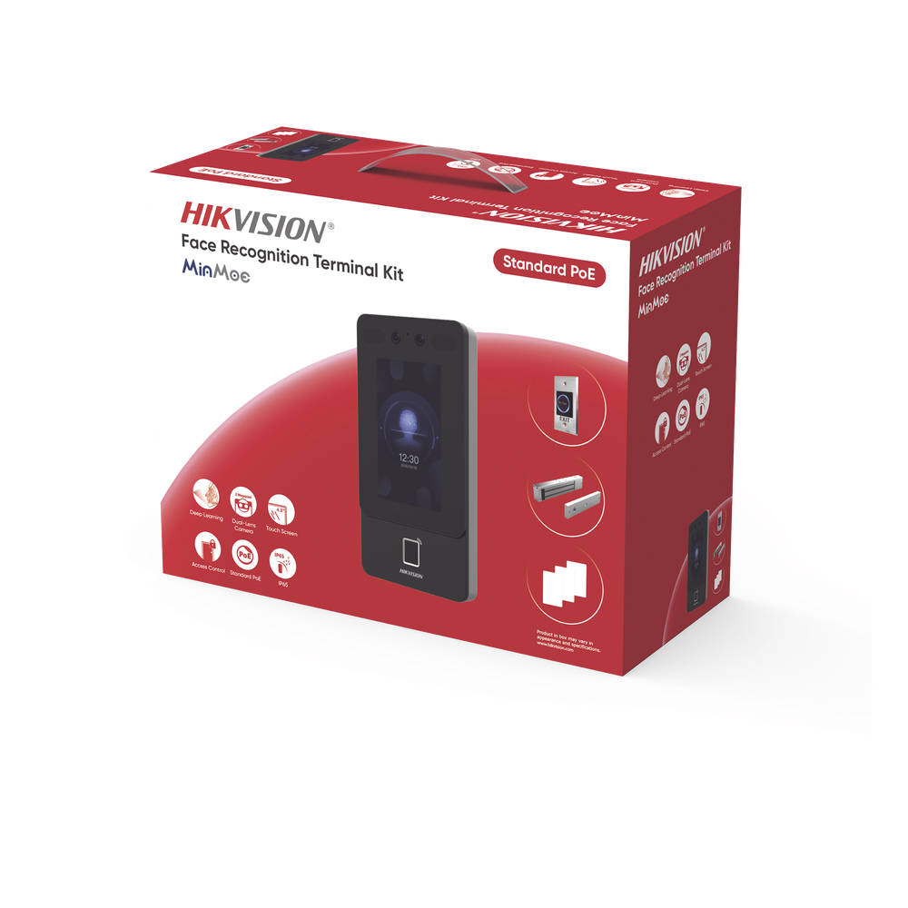 Kit Terminal Reconocimiento Facial / 1500 Rostros + 3000 Huellas + 3000 Tarjetas / Pantalla Táctil 4.3" / 2 MP Gran Angular / PoE + / Alimentación Cerradura / IP65 / Wi-Fi + Audio Bidireccional / Reconocimiento con Mascarilla DS-KAS342
