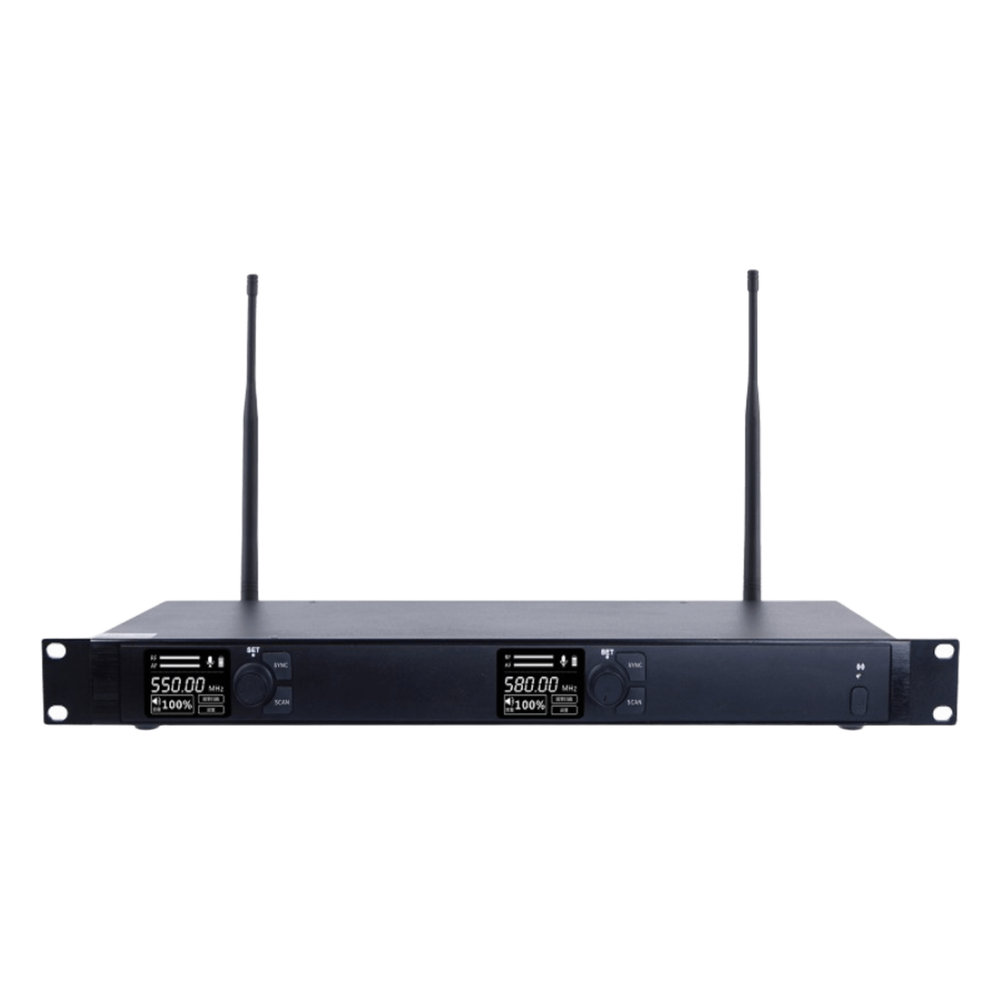 Receptor Inalámbrico Dual Canal Digital U-Band | 4 Bandas de Frecuencia (470-830 MHz) | Transmisión Digital pi/4-DQPSK | Pantalla TFT-LCD 2.2" | Anti-Interferencia con ID Code Pilot | Salidas Balanceadas y Desbalanceadas | Ecualizacion EP-592U