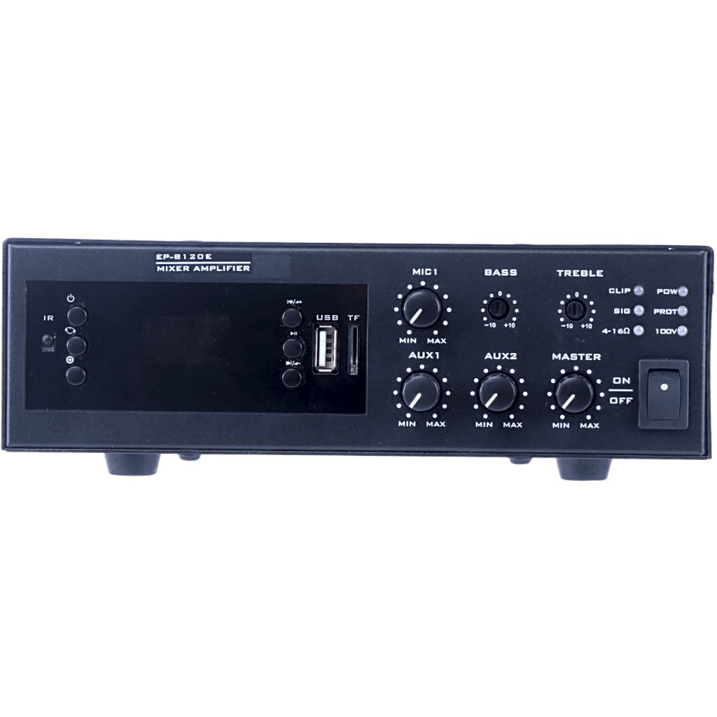 Amplificador de Potencia Digital Mini | 120W | Entrada XLR con Phantom 48V | 2 Entradas AUX | Bluetooth | Sintonizador FM | Reproducción MP3 | Protección contra Cortocircuito y Sobrecarga | 4~16Ω o 100V EP-B120E