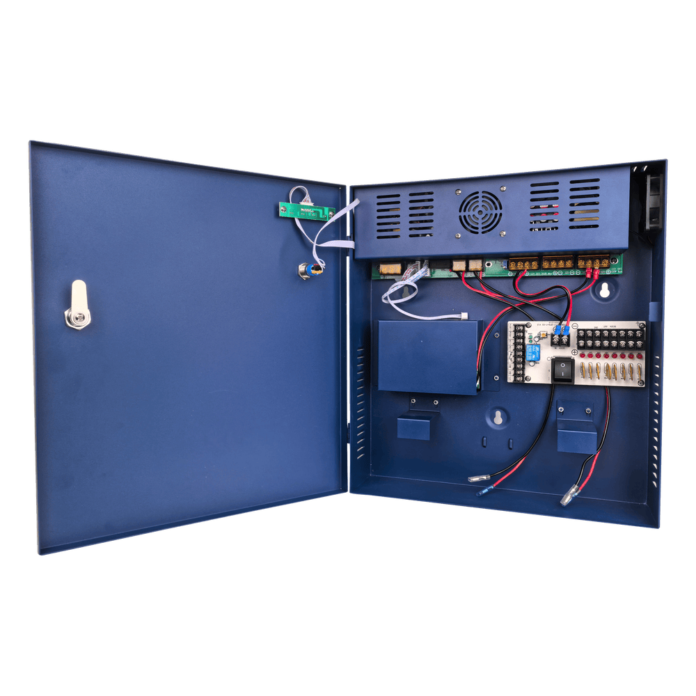Fuente de poder profesional PoE (Power over Ethernet) de 8 puertos con capacidad total de 360W, diseñada específicamente para sistemas de videovigilancia CCTV y control de acceso. EP-360W-POE8P-B