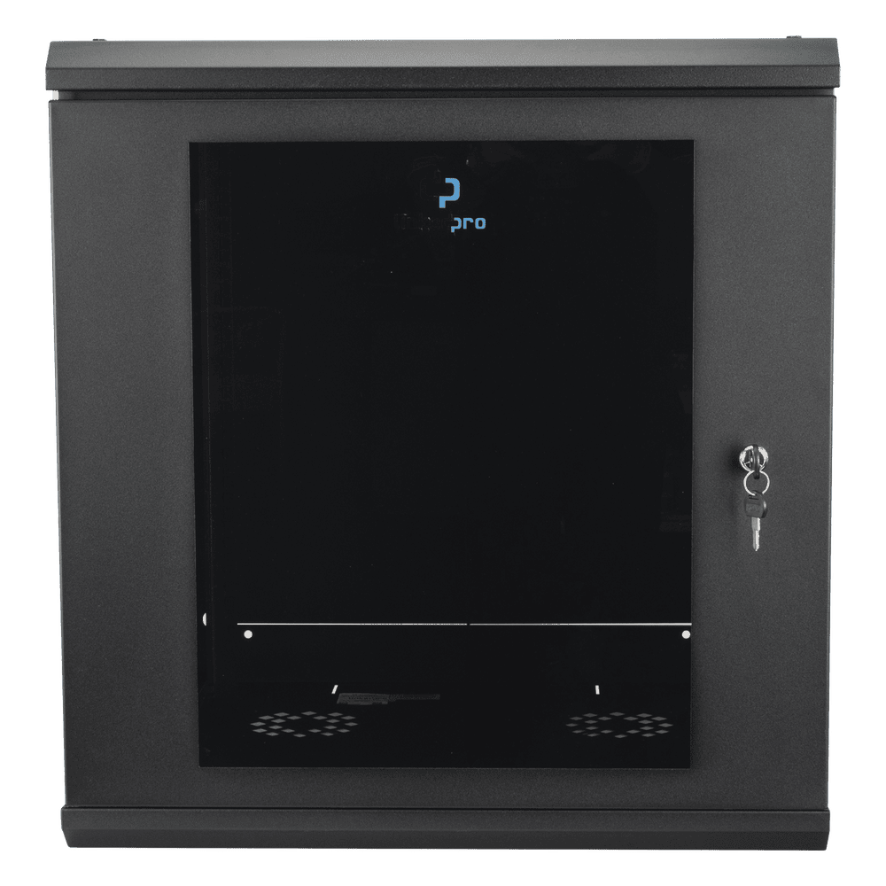 Gabinete Rack de Pared 12 Unidades / 19 Pulgadas / Ventilado / Puerta de Vidrio / Acero Calibre 18 / Carga 100 Kg / 635 x 606 x 612 mm (25 x 23.9 x 24.1 in) / Pintura Electrostática / Negro SR-19-12-GN3G
