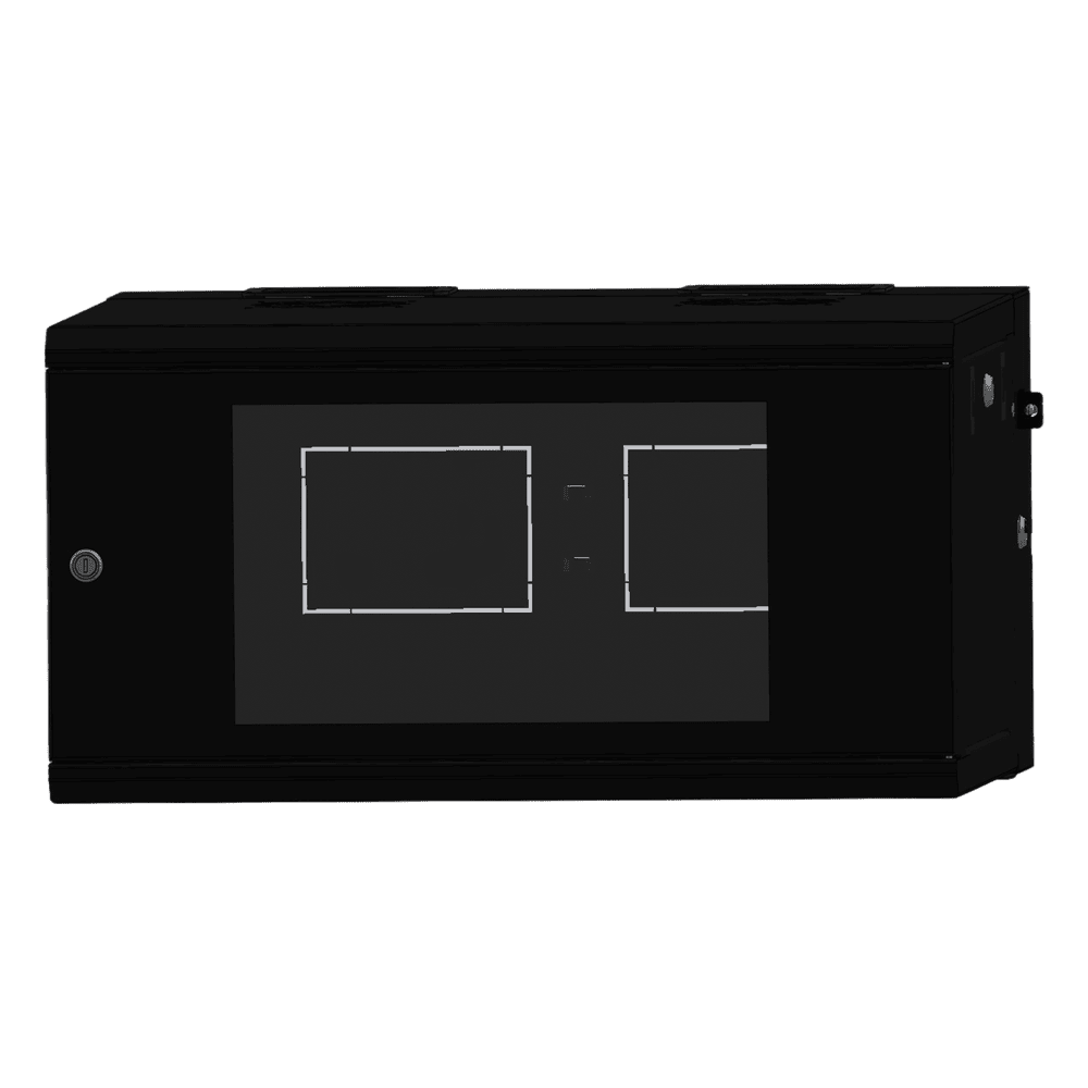 Gabinete Rackeable / 06 Unidades / Pared 19 Pulgadas / Puerta de Cristal / Pintura Electroestática Negro / Abatible 120° / Ventilación 120 mm SR-19-06-GAPV5