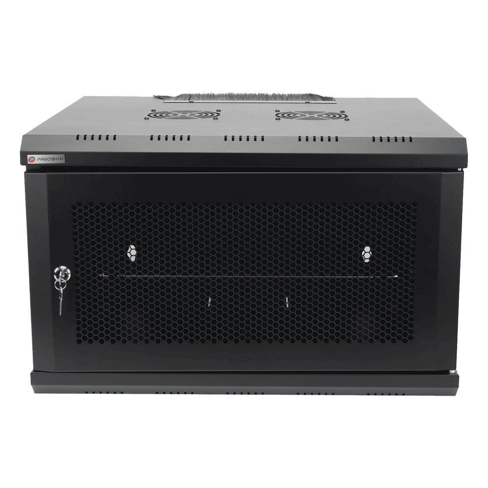 Gabinete de Pared 19 Pulgadas / 6U / 600 x 550 x 368 mm (23.6 x 21.7 x 14.5 in) / Acero SPCC RAL 9004 / Carga Estática 60 kg / IP20 Interior / Ventiladores CA / Panel Cepillo para Cables PS06550DU