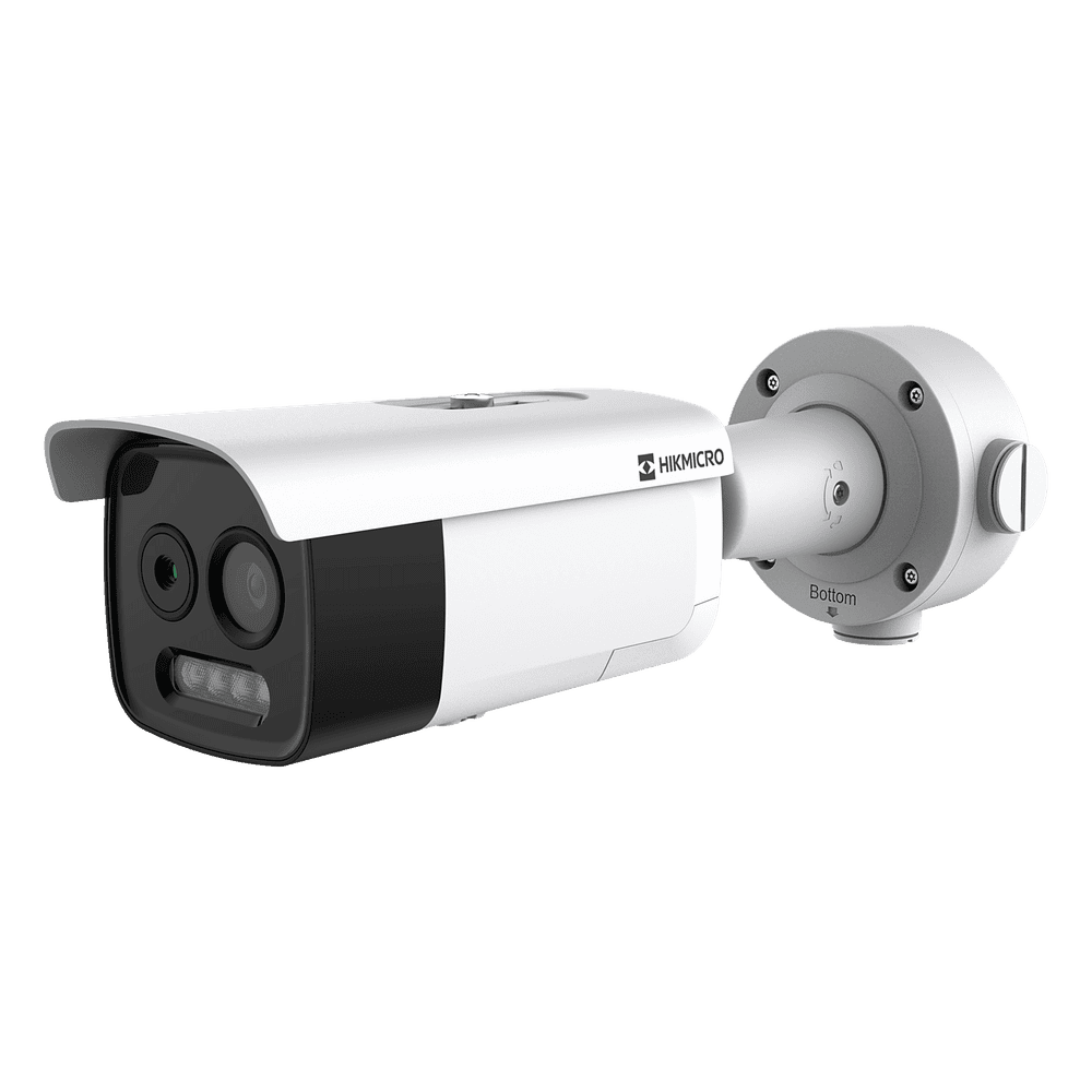 (HIKMICRO) Cámara Bala IP Bi-Espectral / Térmica (256 X 192 / 3.6 mm) + Óptica (5 MP / 4.3 mm) / IA GUANLAN / Rango: -20°C a 650°C / 2°C Tolerancia / Detección de Fuego y Humo / Alarma Visual y Audible / Dual Light HM-TD2628T-3/G1/T3A