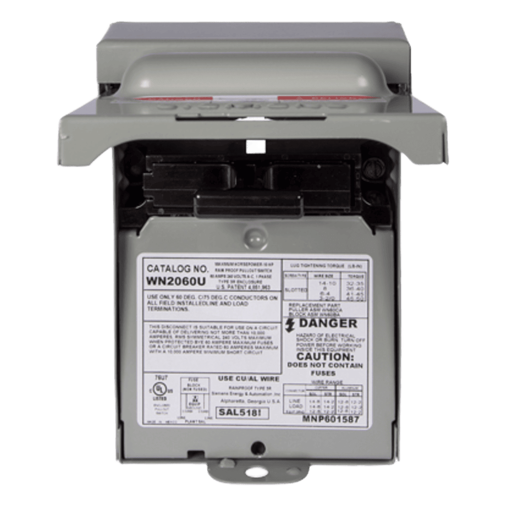 Interruptor de seguridad 2x60Amp. Nema 3R, Sin Portafusible WN2060U