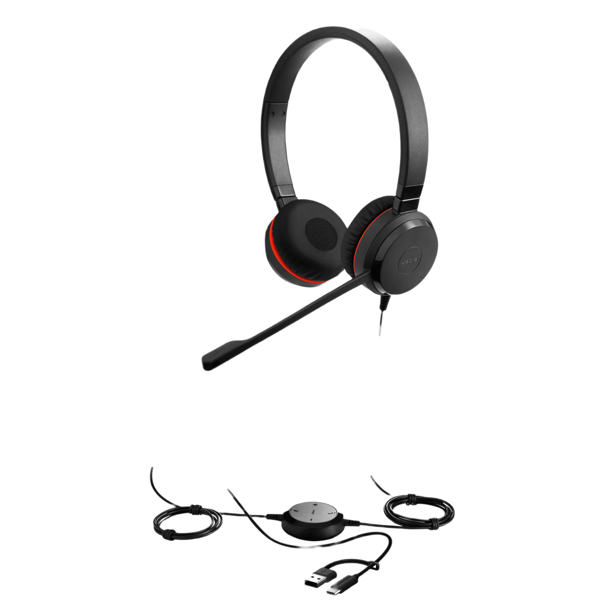 Jabra Evolve 30 II Duo con conexión USB C/A y 3.5mm, micrófono con cancelación de ruido y controlador en el cable con botones e indicadores LED (5399-829-369)) EVOLVE-30II-DUO-UC-USBC/A