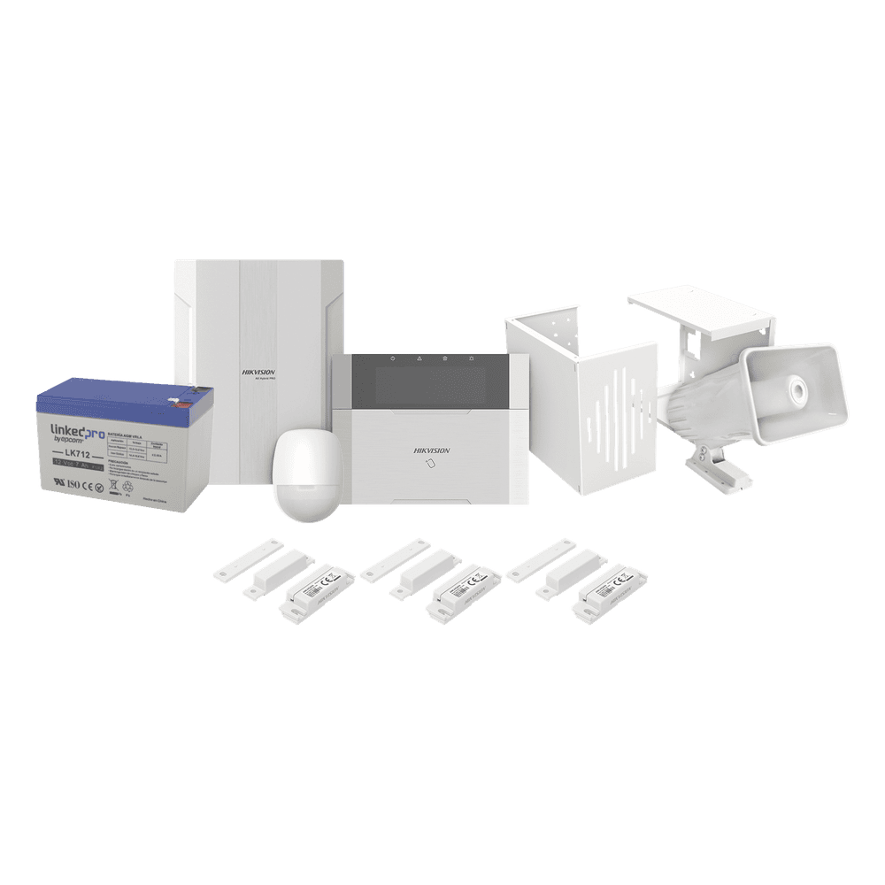 KIT Panel de Alarma AX HYBRID PRO / 1 Panel Híbrido / 1 Monitor LCD / 2 PIR / 3 Contactos Magnéticos / 1 Sirena / 1 Gabinete para Sirena / 1 Batería 12 vcc 7 Amp DS-PHA64-LP/PLUS