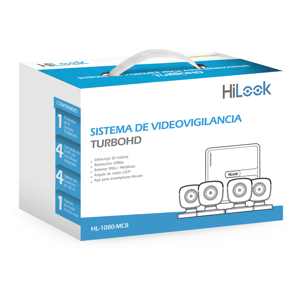 KIT TurboHD 1080p / DVR 8 canales con H.265+ / 4 Cámaras Bala Metálicas / Fuente de Poder / Accesorios de Instalación HL-1080-MC8