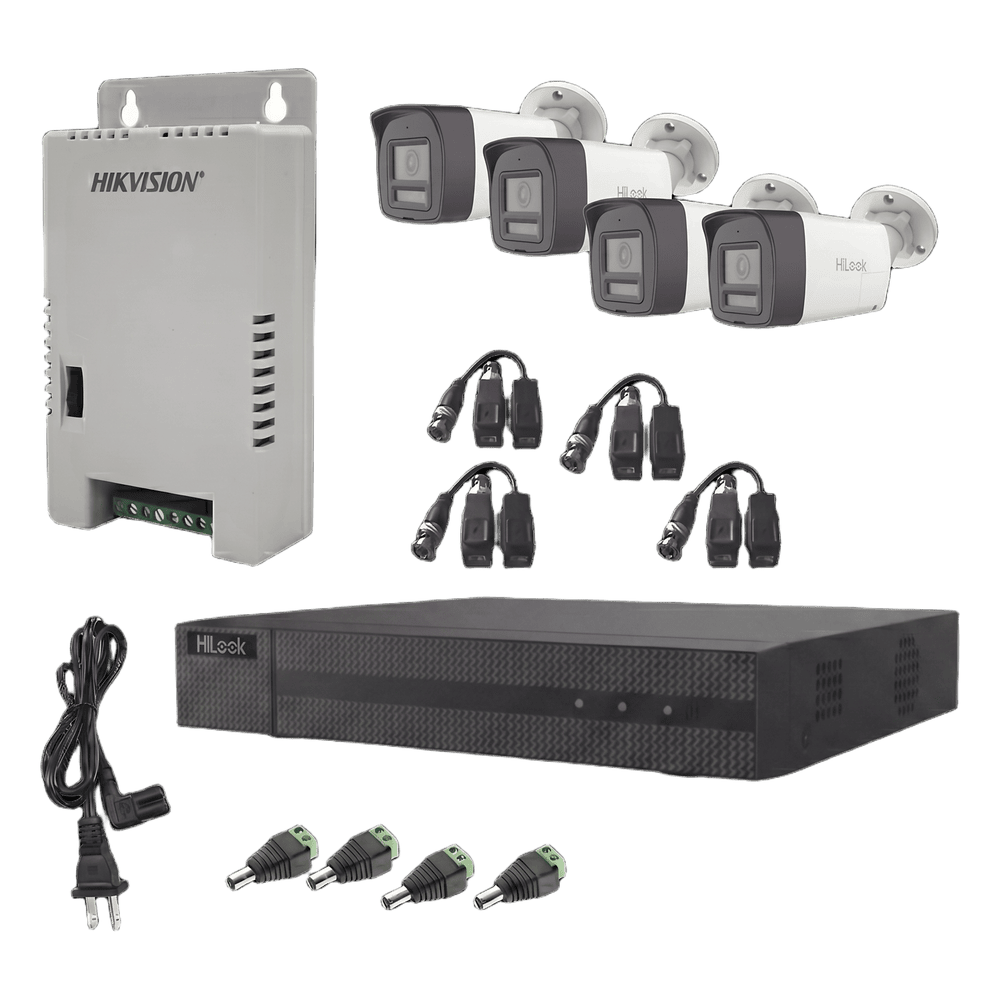 Kit HiLook Audio Bidireccional TurboHD 1080p / DVR Metalico 4 Canales / 4 Cámaras Bala (Exterior) con Bocina y Micrófono Integrado / 1 Fuente de Poder / Accesorios HL-2080P-4B-TWA