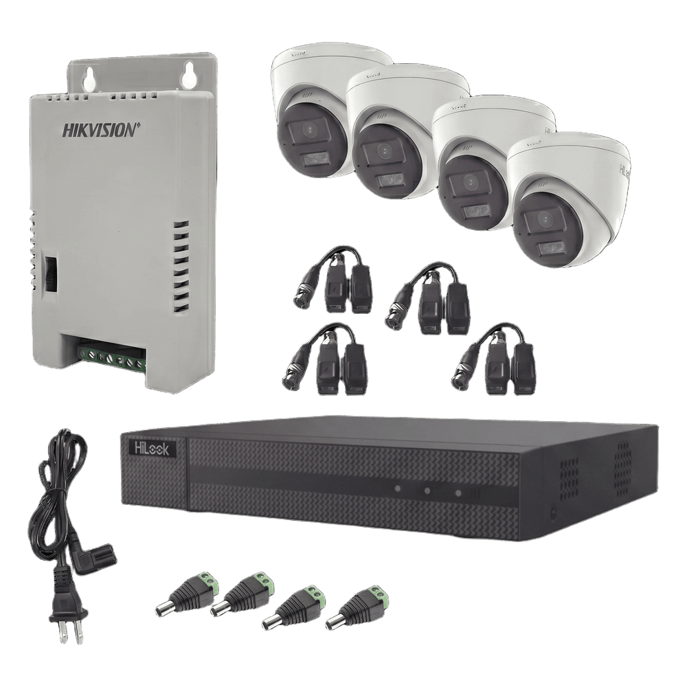 Kit HiLook Audio Bidireccional TurboHD 1080p / DVR Metalico 4 Canales / 4 Cámaras Eyeball (Exterior) con Bocina y Microfóno Integrado / 1 Fuente de Poder / Accesorios HL-2080P-4E-TWA