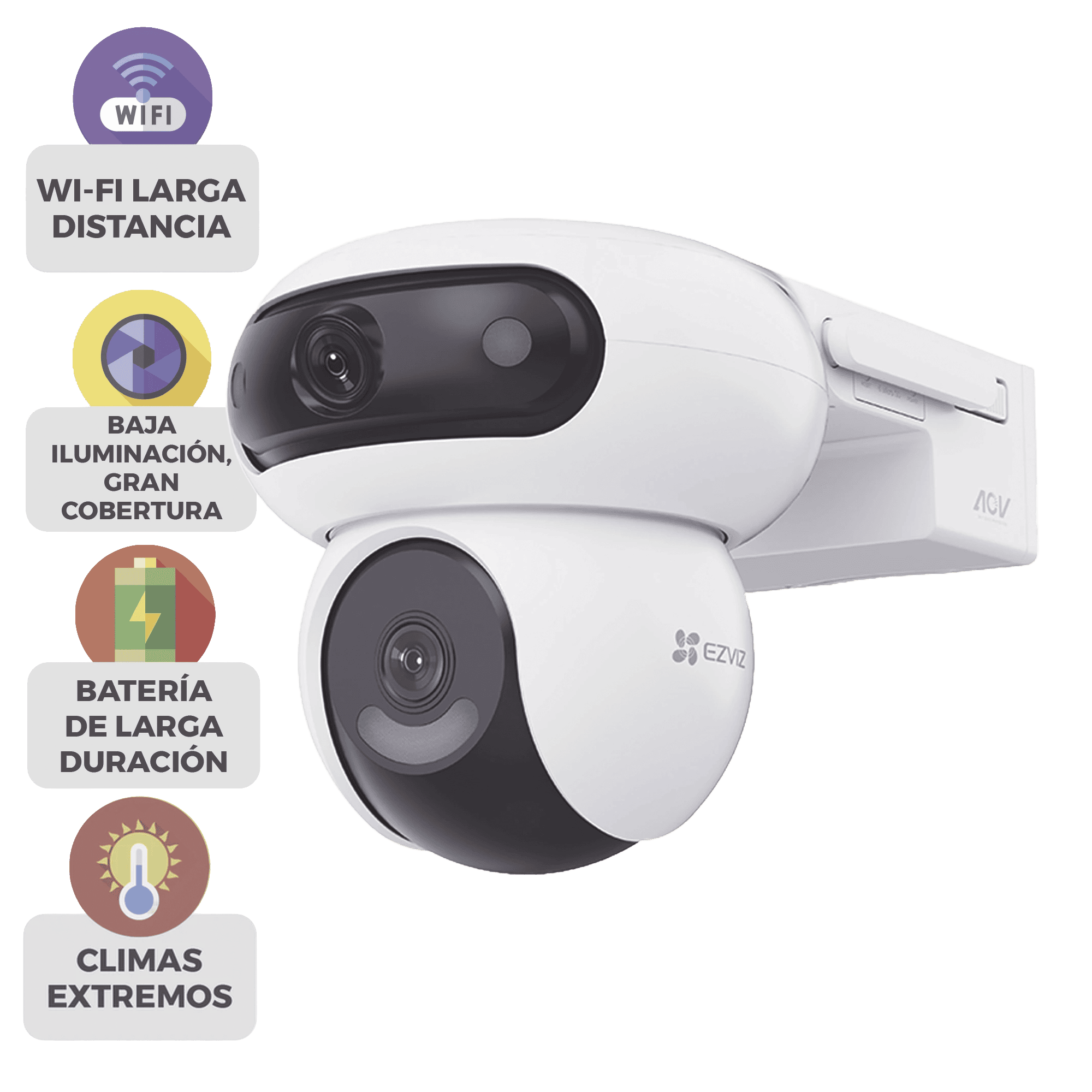 Kit Incluye Cámara Wi-Fi 6 + 4G LTE con Panel Solar / Doble Lente (4MP+4MP) / Visión Nocturna ColorFULL / Batería 10,400 mAh /  / IP65 Exterior / IA Detección Humana y Vehicular / Audio Bidireccional CSHB90X/SP/4G/W