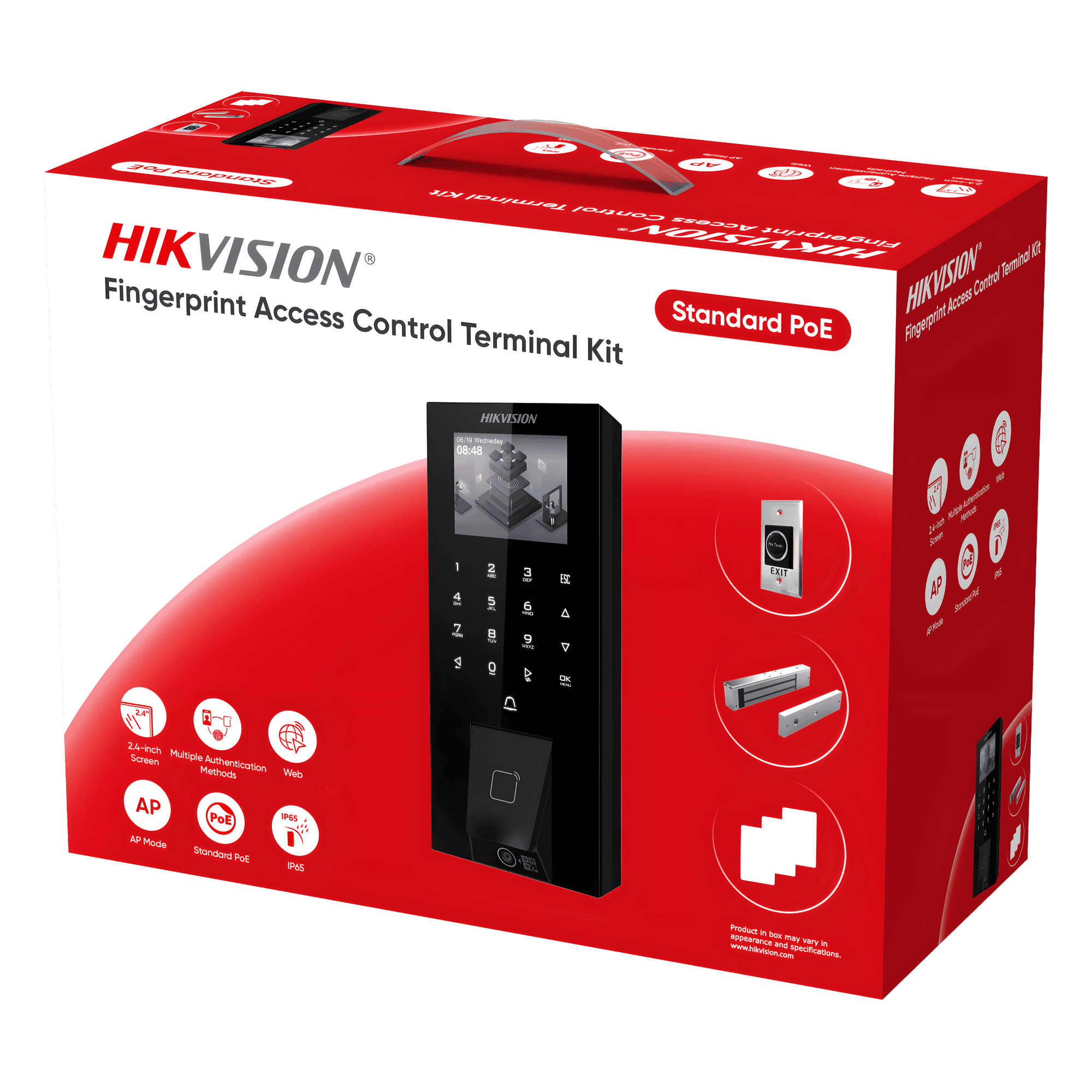 Kit Terminal Control Acceso Biométrico DS-KAS807 / Huella Digital / Códigos QR / 2.4" LCD / 5000 Huellas + 5000 Tarjetas / IP65 / Wi-Fi + PoE / Cerradura Magnética 272 kg / Botón Touchless DS-KAS807