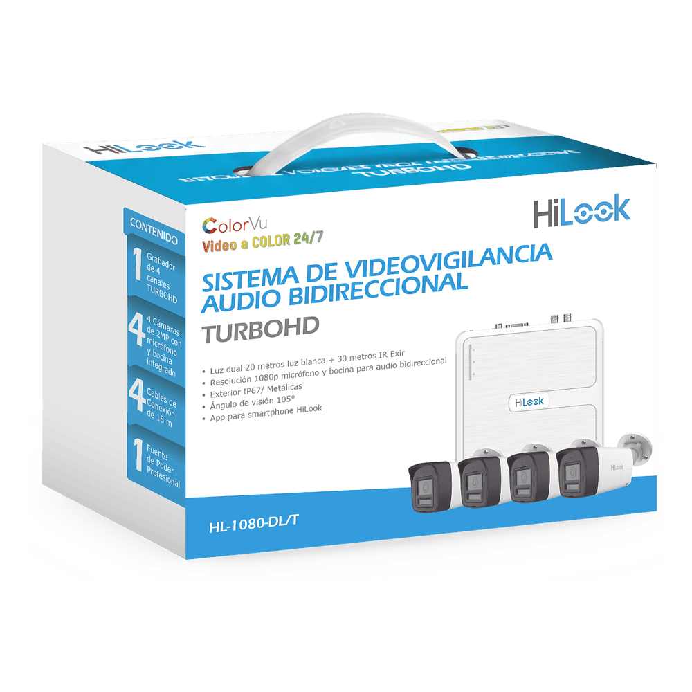 Kit TurboHD 1080p / DVR 4 canales / 4 Cámaras Bala de Policarbonato / Audio Bidireccional / Dual Light (IR + Luz Blanca) / H.265+ / 1 Fuente de Poder Profesional / Accesorios de Instalación HL-1080-DL/T