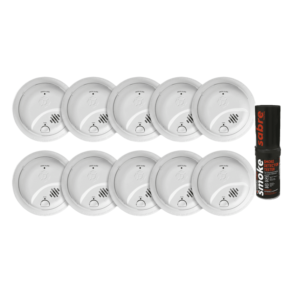 Kit de 10 Detectores de Humo Autónomos FIRST ALERT por Ionización / Alarma 85 dB / Botón Prueba y Silencio / Probador SABRE SDI 1046832KSABRE