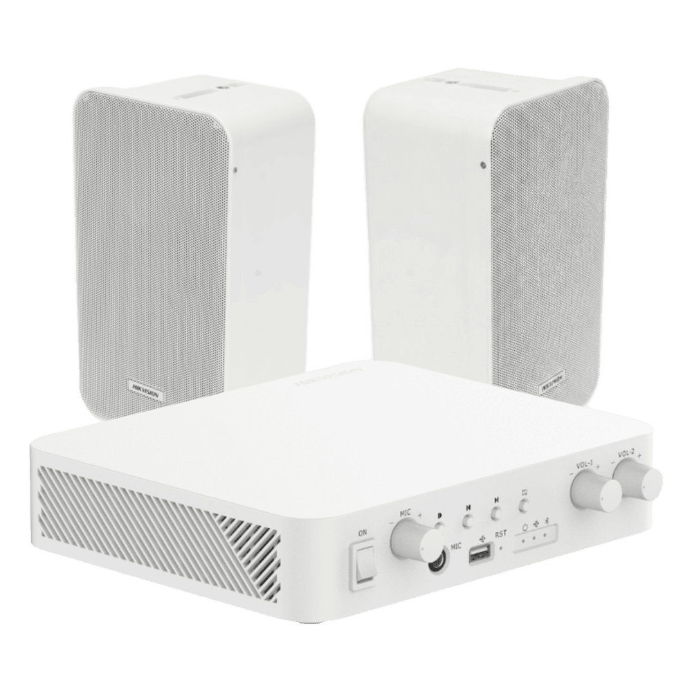Kit de amplificador con bluetooth | 2 altavoces para pared | Sistema 100V | 2 Canales con Control de volumen Independiente | Música Ambiental DS-QAE-KIT-0420G
