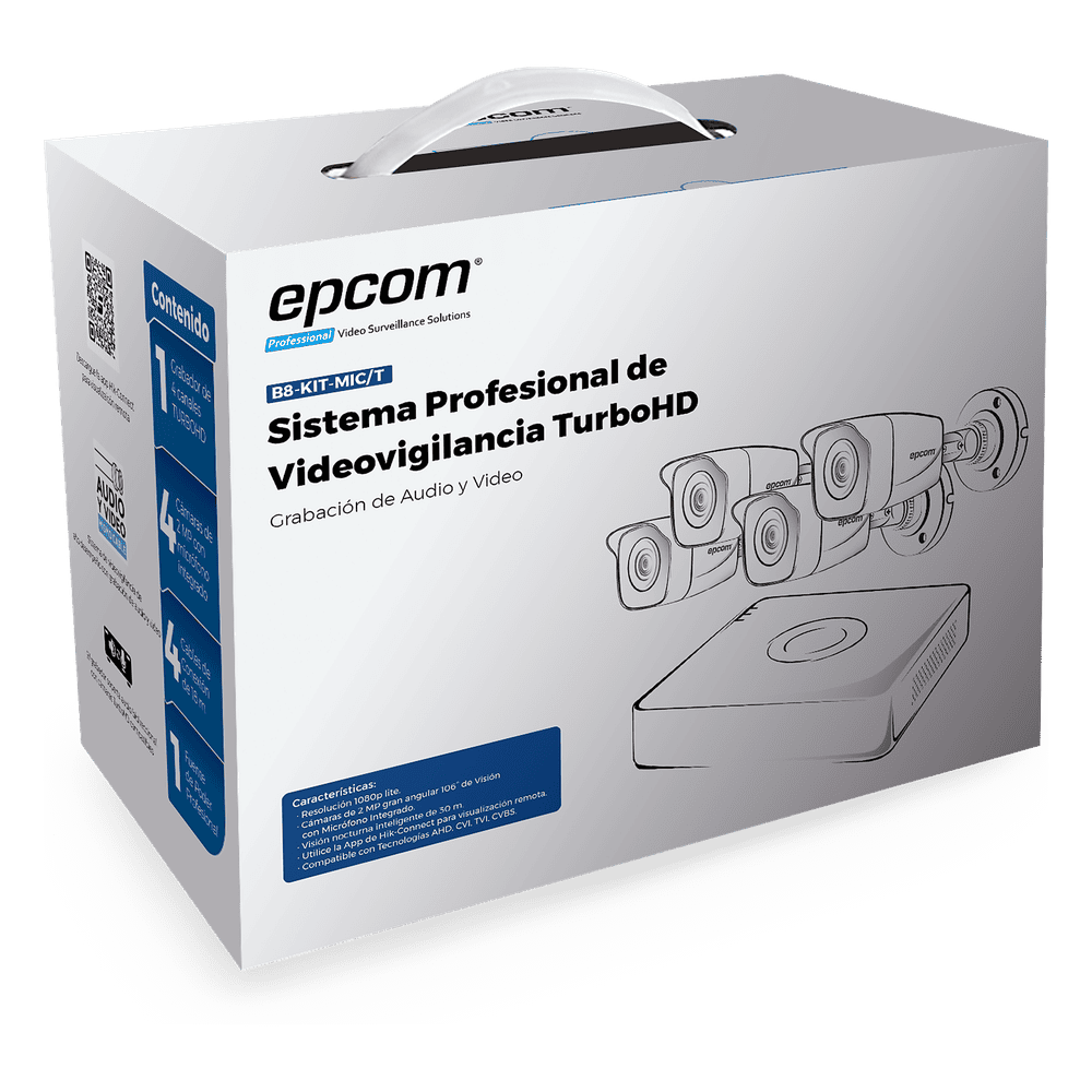 (MICRÓFONO Integrado + Detección de Movimiento 2.0) Kit TurboHD 1080p Lite / DVR 4 canales / Audio por Coaxitron / 4 Cámaras Bala de Metal con Micrófono Integrado B8-KIT-MIC/T