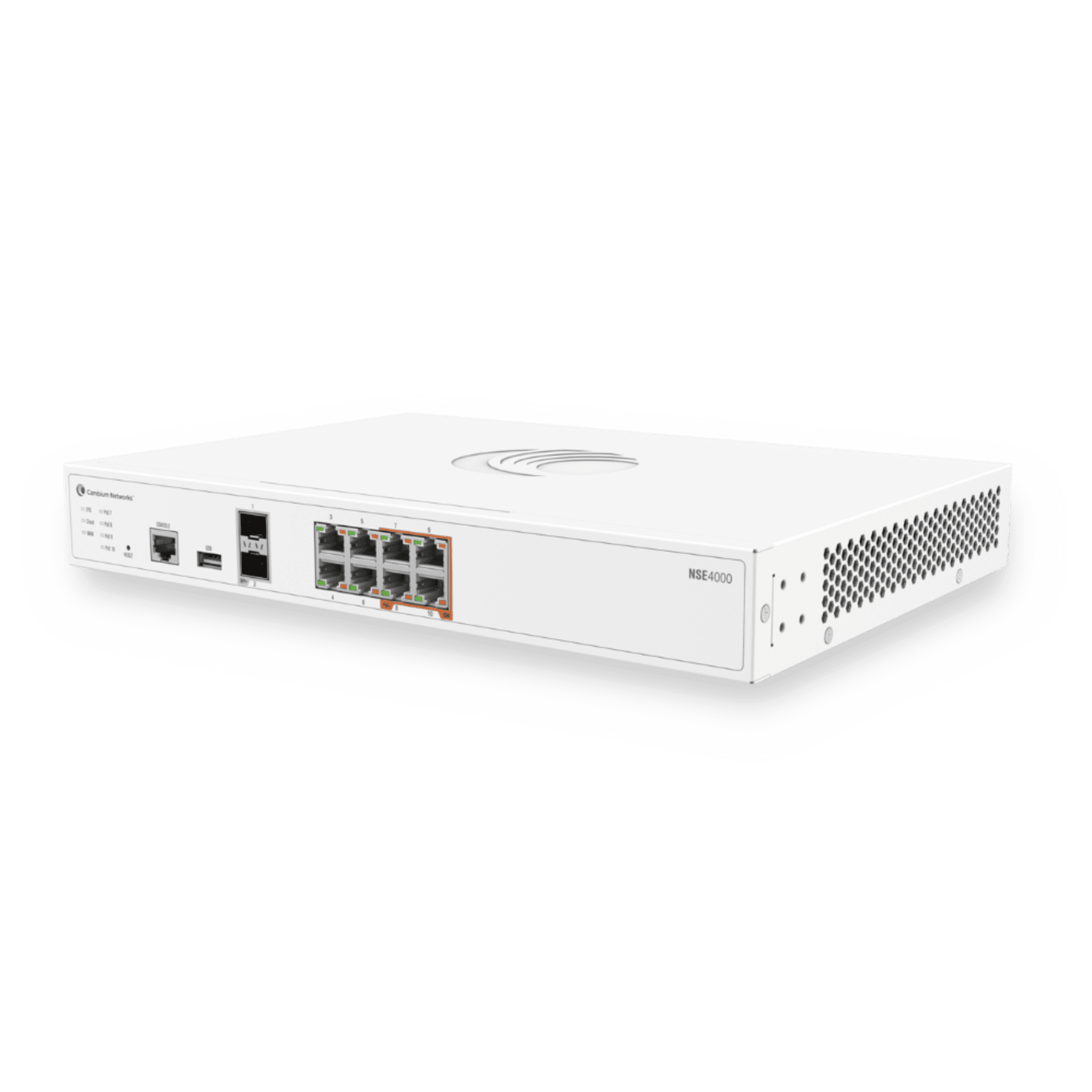 Network Service Edge NSE 4000 / 10 Gbps Firewall Throughput / 2.5 Gbps Advanced Security Throughput / 8 x 2.5 GbE RJ45 / 2 x 10 GbE SFP+ / SD-WAN / VPN / Cloud Management cnMaestro NSE4000