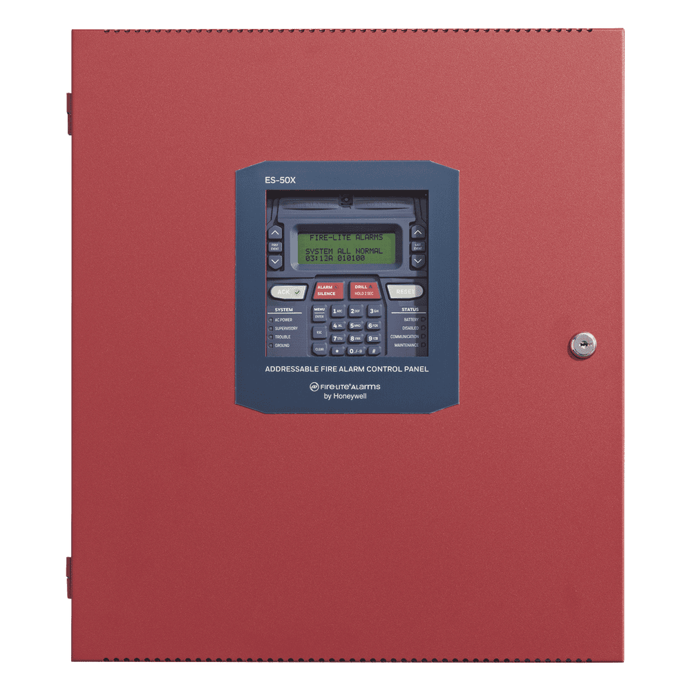 Panel de detección de incendio direccionable inteligente con comunicador dual POTS/IP preinstalado, 50 dispositivos en un lazo SLC, 2 NAC Clase A/B, programación por USB ES-50X