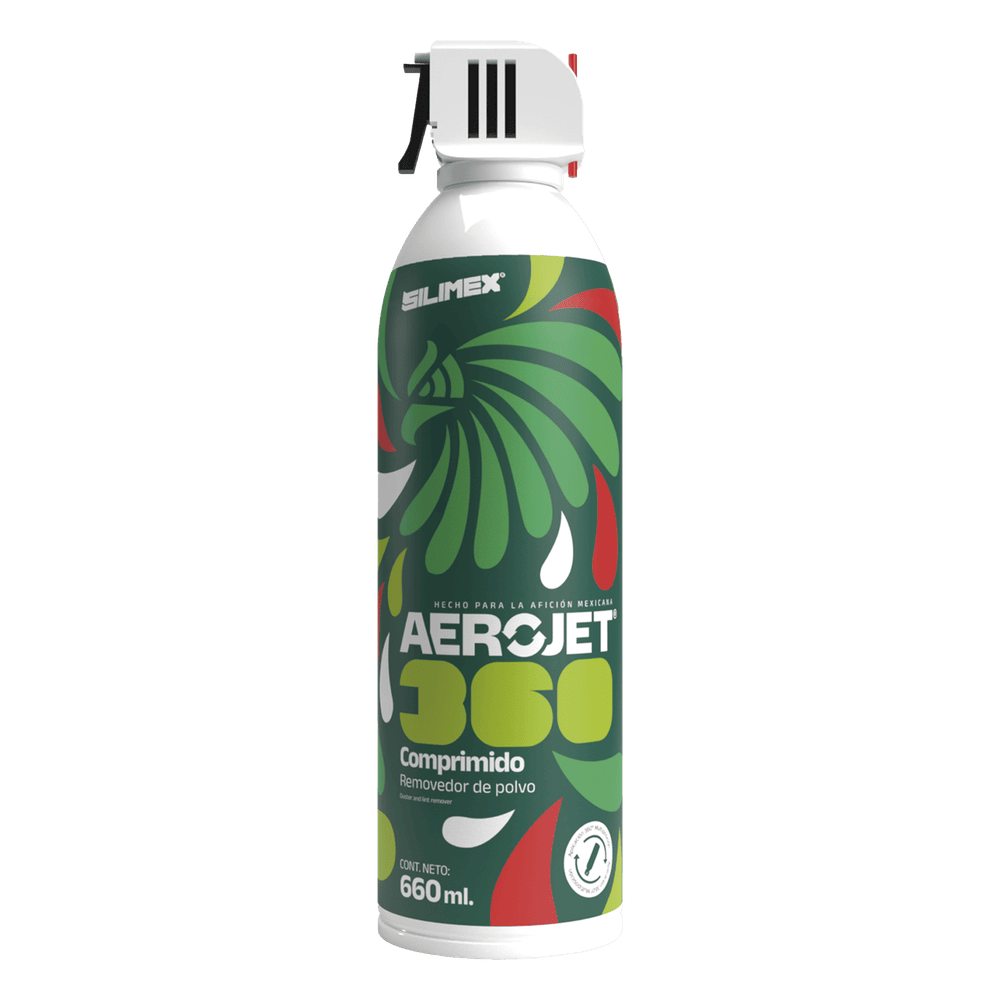 Removedor de polvo y residuos (aire comprimido) con aplicación 360º para limpieza de equipos electrónicos, válvula anti-estallamiento, 660 ml AEROJET360-MEX