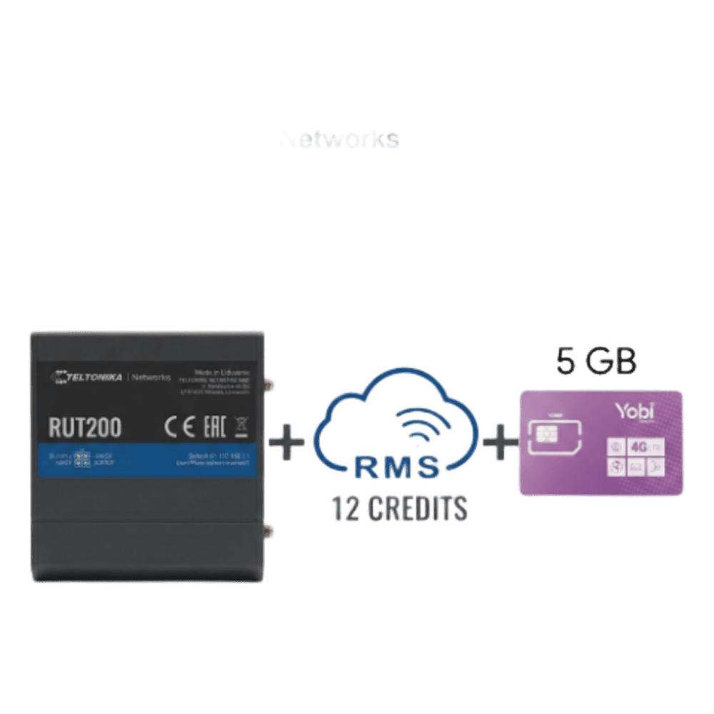 Router Teltonika LTE/4G RUT200 + 12 creditos RMS  + SIM de YOBI de 5GB por Mes durante un año de servicio (solo datos) RUT200+1YRMS+5GBYOBI