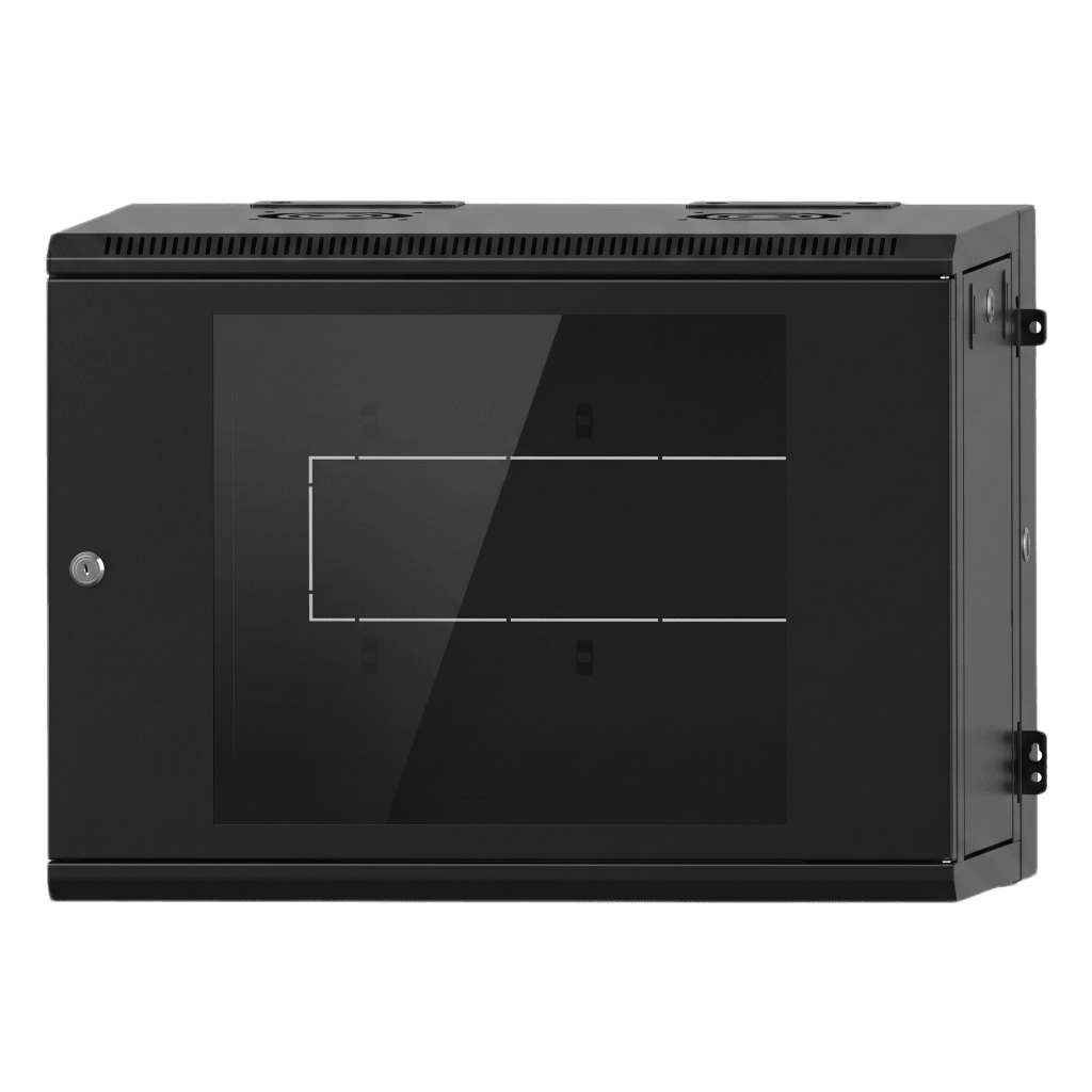 Gabinete Rackeable / 09 Unidades / Pared 19 Pulgadas / Puerta de Cristal / Acero Calibres 18-22 / Carga 80 kg / Dimensiones 634x632x468 mm (25x24.9x18.4 in) / Abatible 120° / Ventilación SR-19-09-GAPV5