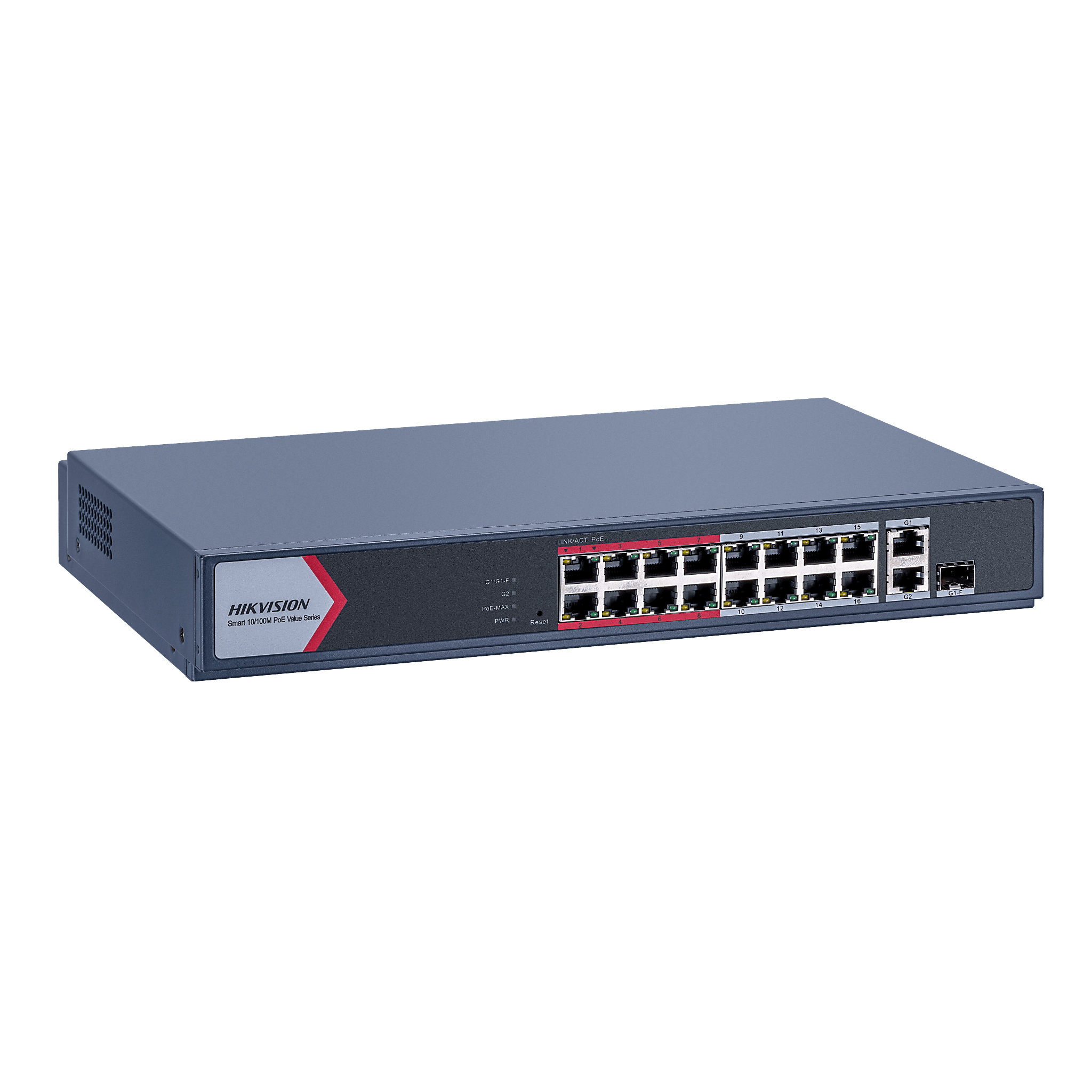Switch PoE+ / Monitoreable / 16 Puertos 10/100 Mbps PoE+ / 2 Puertos 1000 Mbps Uplink / 1 Puerto SFP Uplink / Modo Extendido hasta 300 Metros / 130 W DS-3E1318P-EI/M
