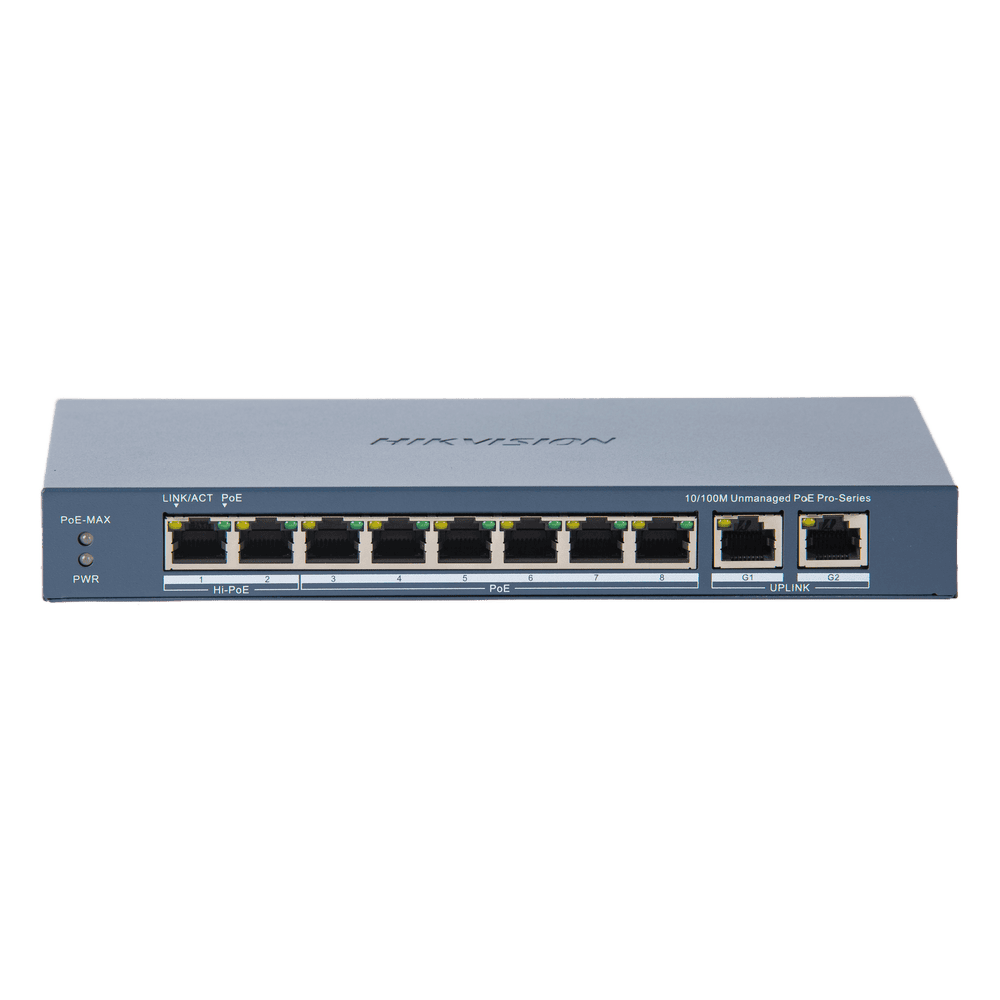 Switch PoE+ / No Administrable / 7 Puertos 10/100 Mbps 802.3 af/at (30 W) / 1 Puerto 10/100 Mbps Hi-PoE (90 W) / 2 Puertos 1000 Mbps Uplink / Modo Extendido hasta 300 Metros / 110 Watts DS-3E0310HP-E(C)