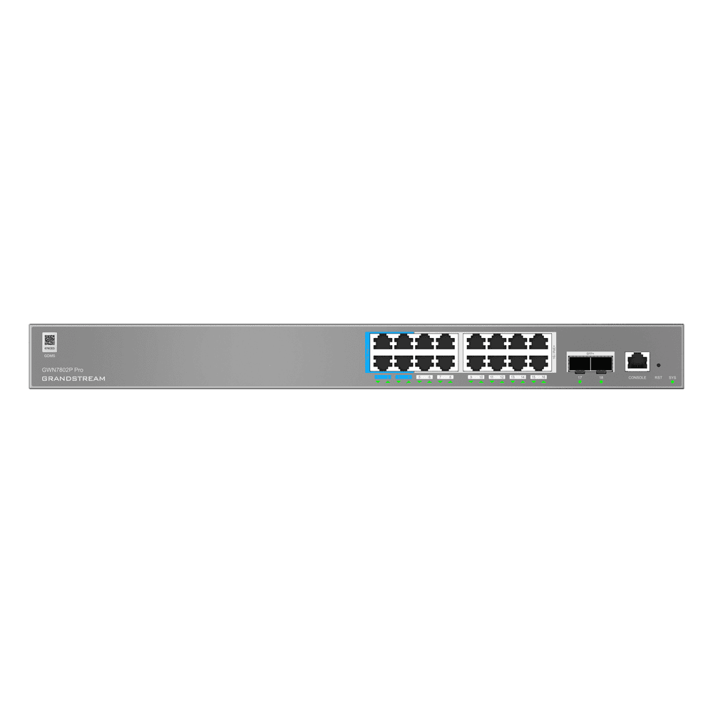 Switch de Red Empresarial L2++ / Serie GWN7800 Pro / 16 Puertos Gigabit PoE 250W / 2 Puertos SFP+ / Gestión Cloud GDMS / VLAN 4K / QoS Avanzado / Seguridad Integral GWN7802P-PRO