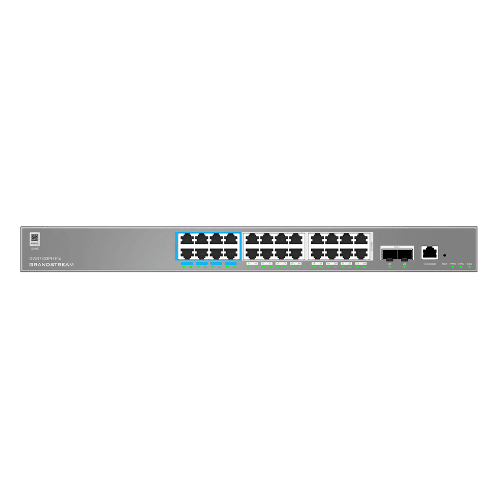 Switch de Red Empresarial L2++ / Serie GWN7800 Pro / 24 Puertos Gigabit PoE 400W / 2 SFP+ / Gestión Cloud GDMS / VLAN 4K / QoS Avanzado / Seguridad Integral GWN7803PH-PRO
