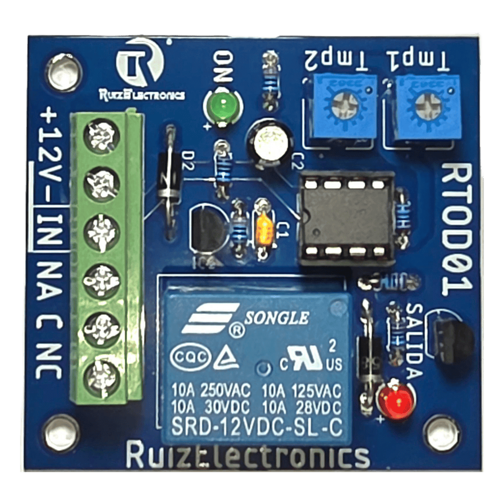 Tarjeta Temporizadora RTOD01 / Retardo 0-60 segundos / Duración 0-60 segundos / Alimentación 12VDC / Salida Relevador NA-NC-C / Indicadores LED RTOD01